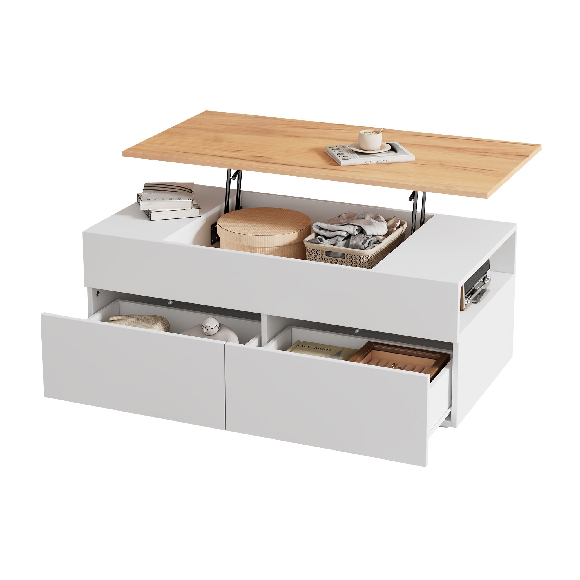 Coffee table height-adjustable with hidden storage, 2 drawers, white + wood color