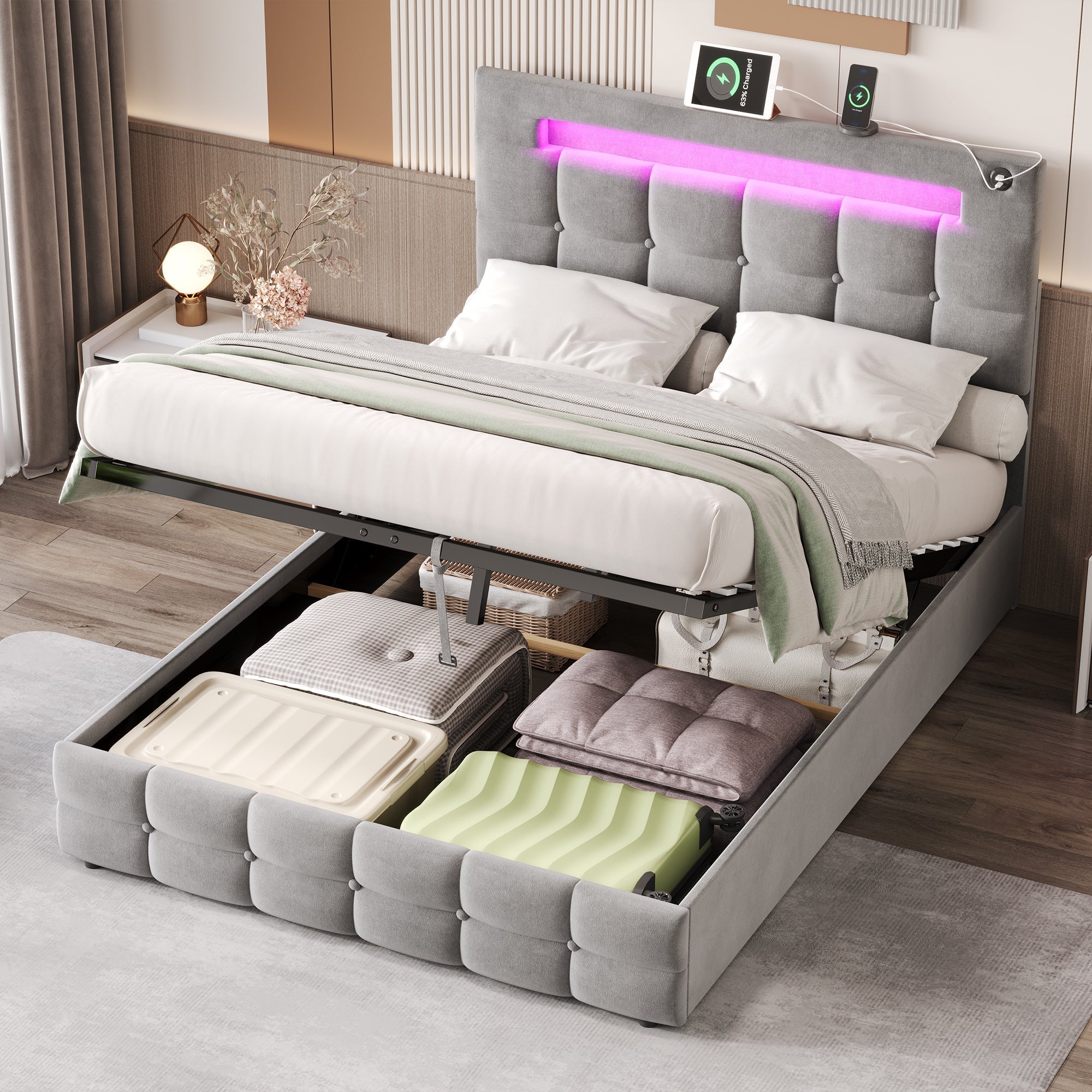 4ft6 Double Upholstered Bed Frame with Hydraulic Storage, Velvet Ottoman Bed with LED Lighting and Charging Station, Adjustable Button Tufted Headboard, Grey