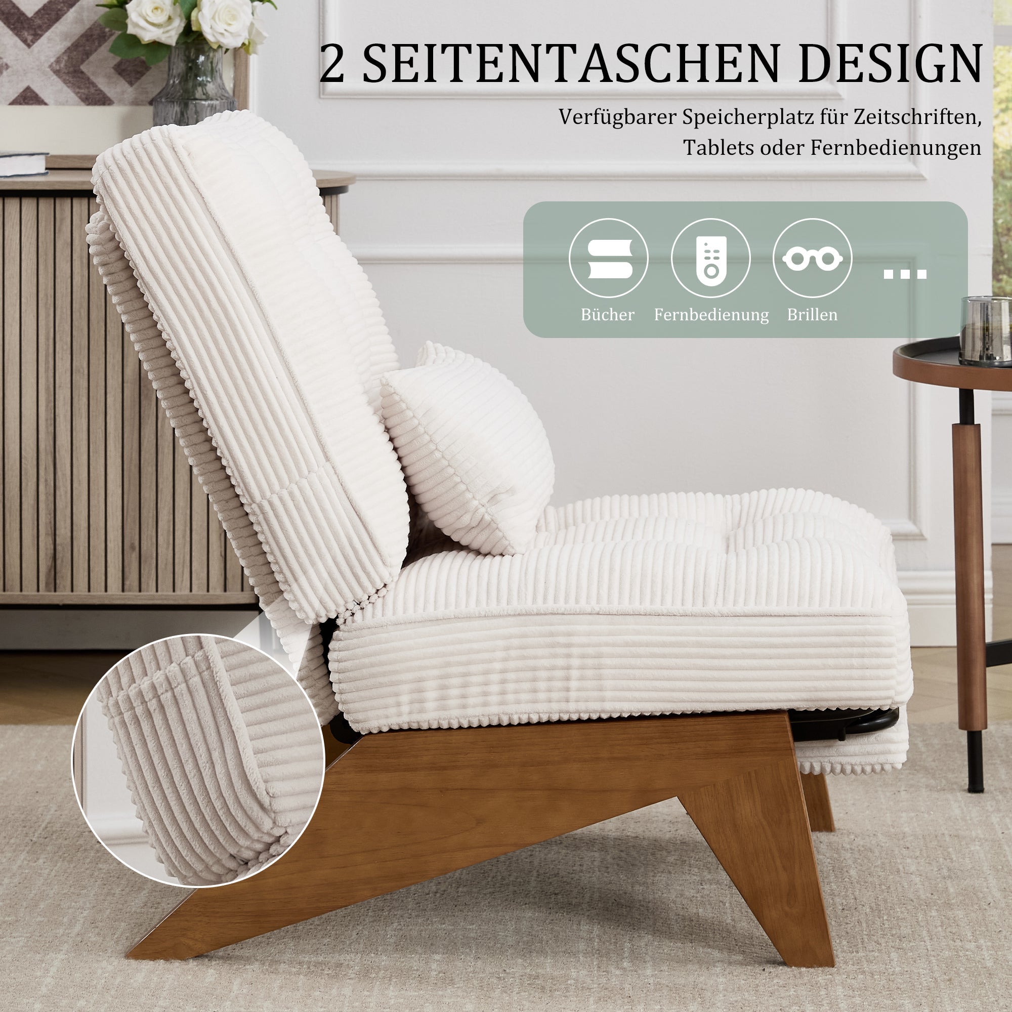 Modern Adjustable Backless Lounge Chair with Footrest, Lumbar Cushion, and Wooden Legs, Fabric