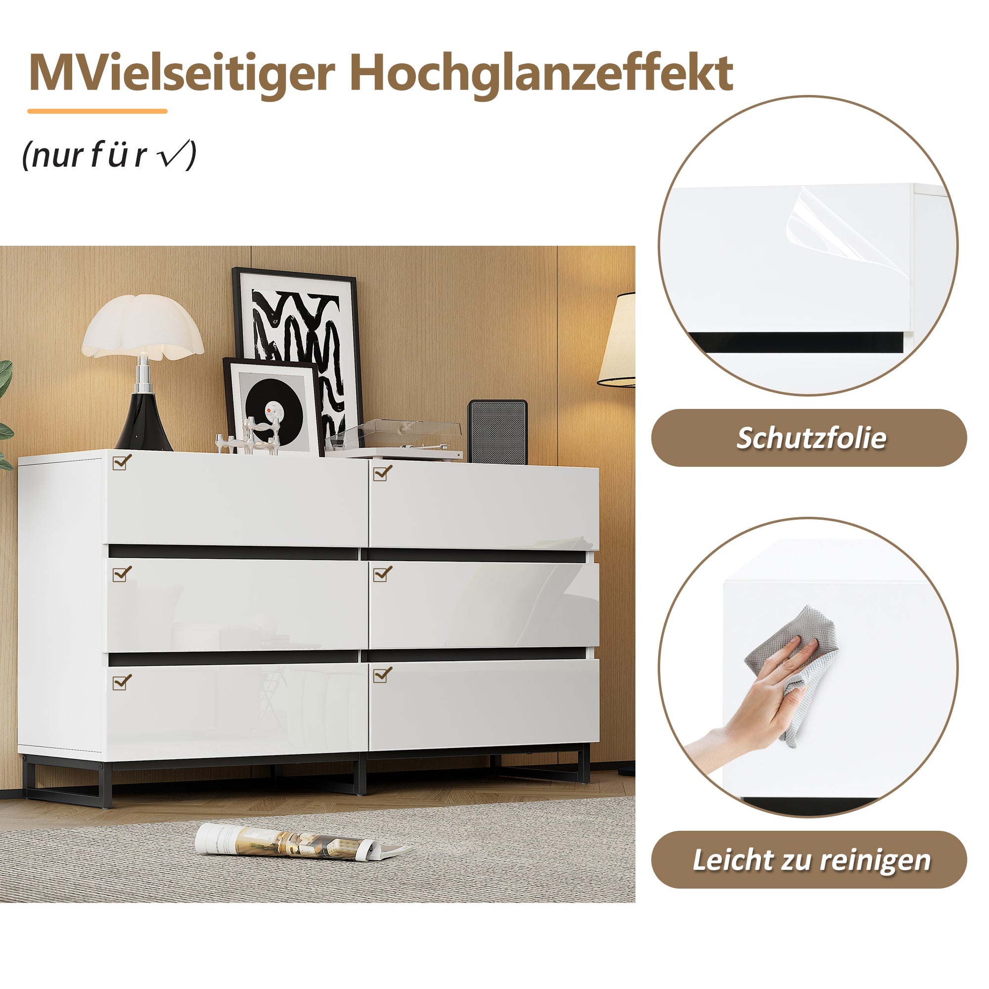 Living Room Sideboard, 6-Drawer High-Gloss Cabinet with Metal Legs, White/Black