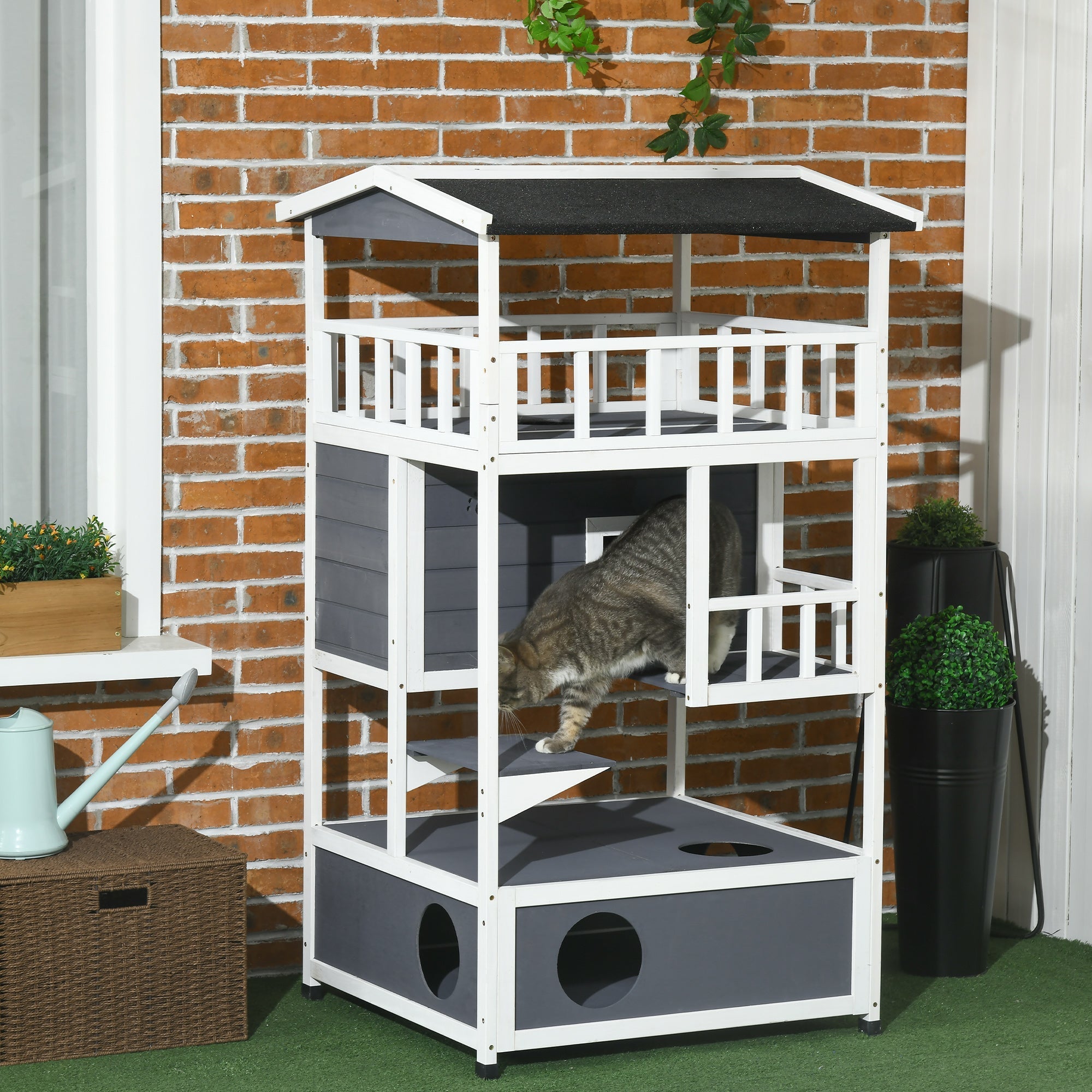 Cat House, 4-Story Balcony Stairs, Solid Wood, Gray