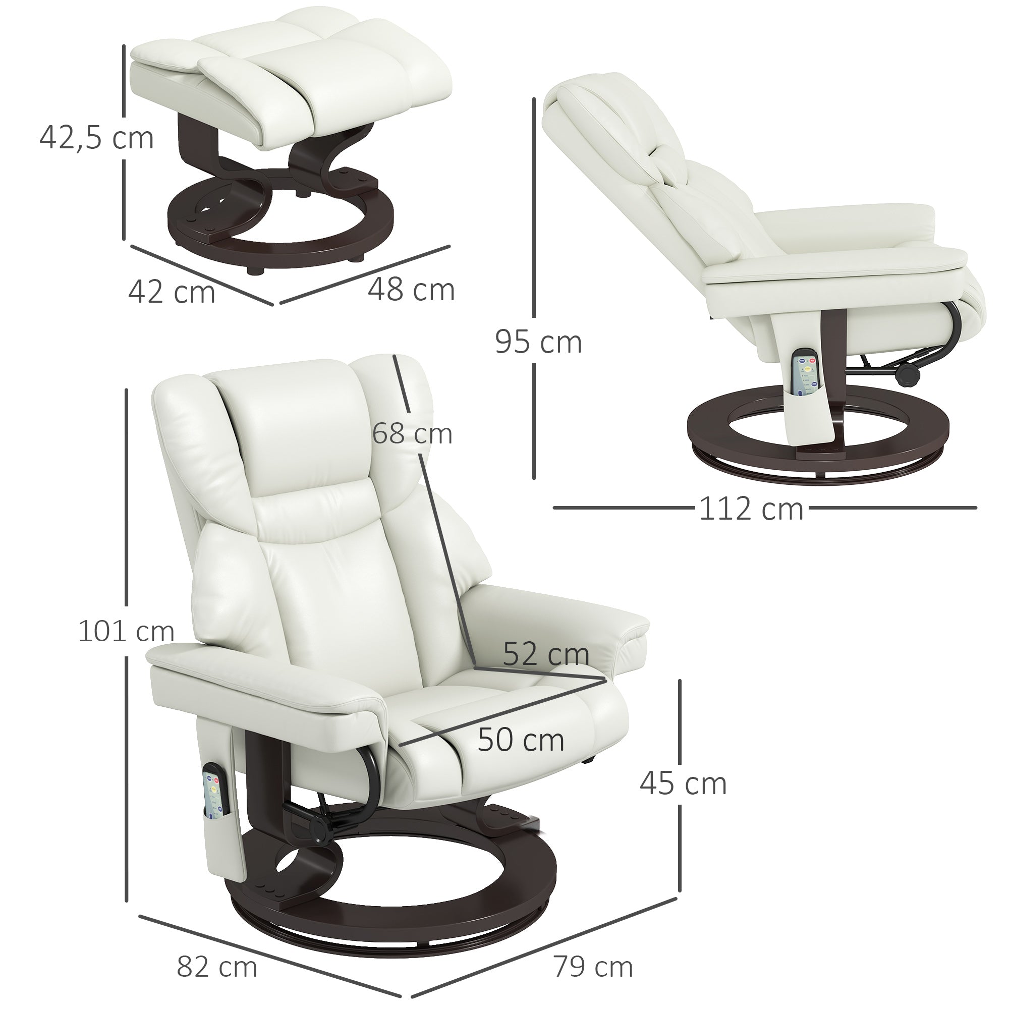 Reclining Armchair with Footstool, Electric Swivel Massage Function, Faux Leather, Cream White