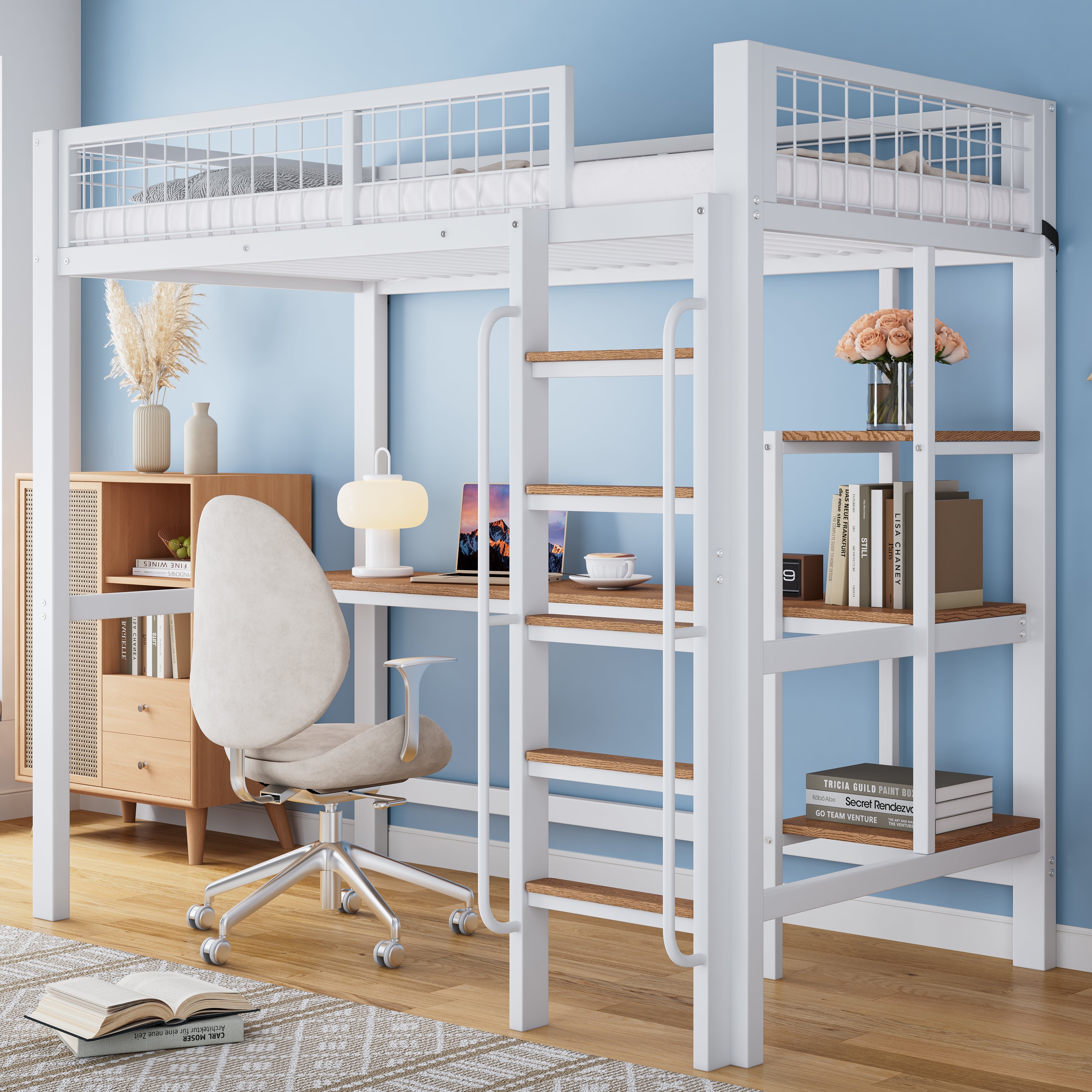 Iron Frame Bunk Bed with Table, Shelves, Ladder, Rail, 90x200cm, White + Natural Iron + MDF