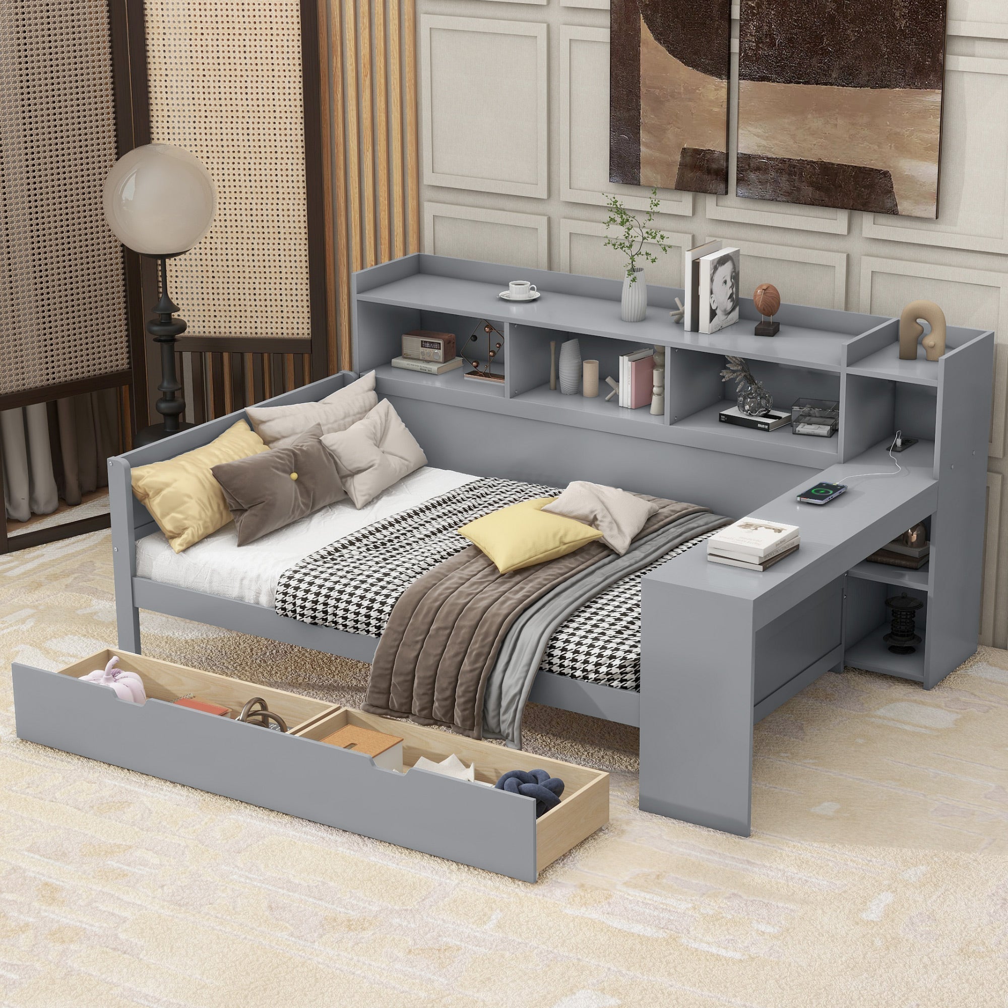 Sofa Bed Daybed, 90x200cm, USB, 2 Drawers, Desk, Grey Chipboard
