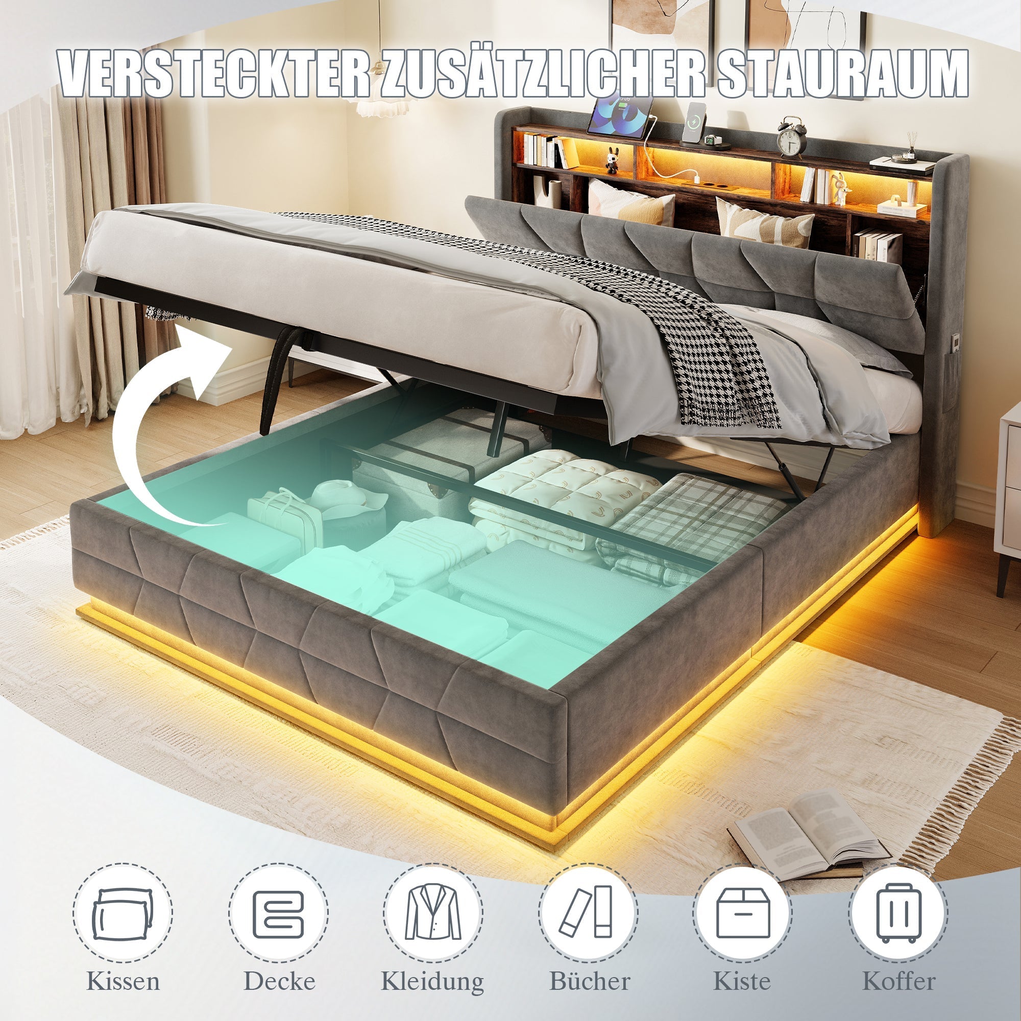 Multifunctional Bed with LED Lighting, Storage Headboard and USB Charging, 160x200cm Dark Grey Velvet