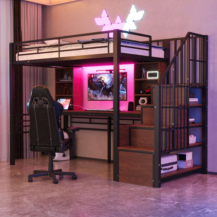 Loft Bed with Desk, Storage Stairs, LED and Socket, 90x200cm, Black Iron