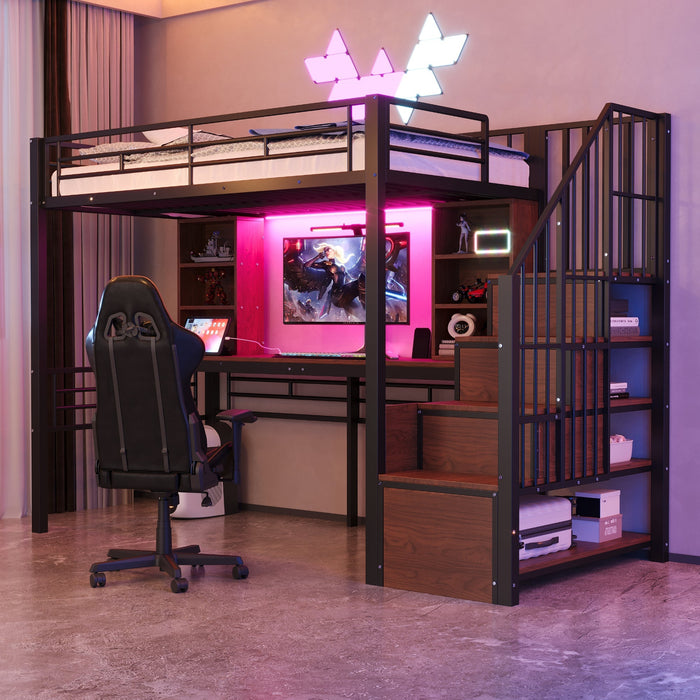 Loft Bed with Desk, Storage Stairs, LED and Socket, 90x200cm, Black Iron