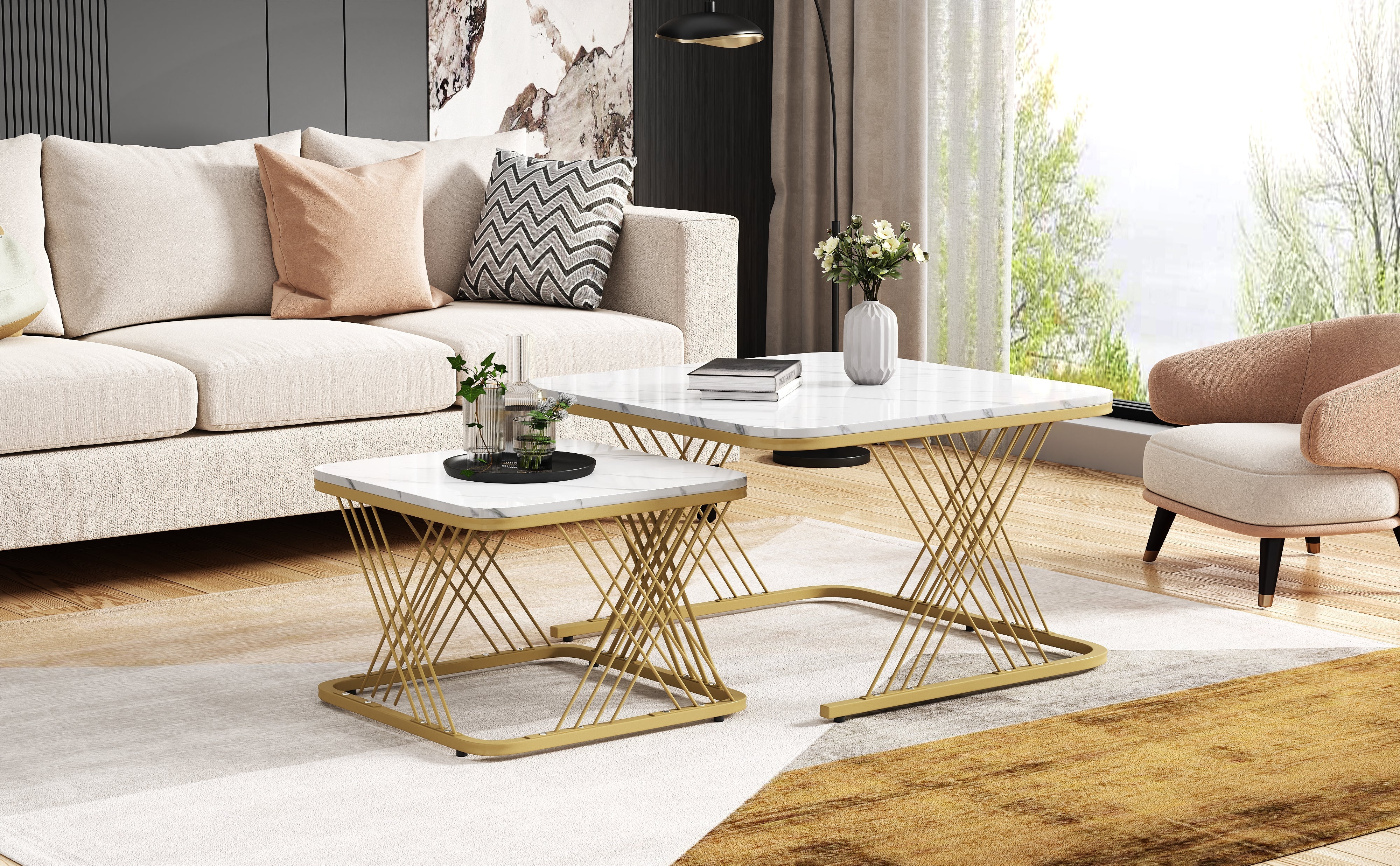 Nest of 2 Tables Coffee Table Set, Gold Metal Frame & Marble Pattern Top, White + Gold