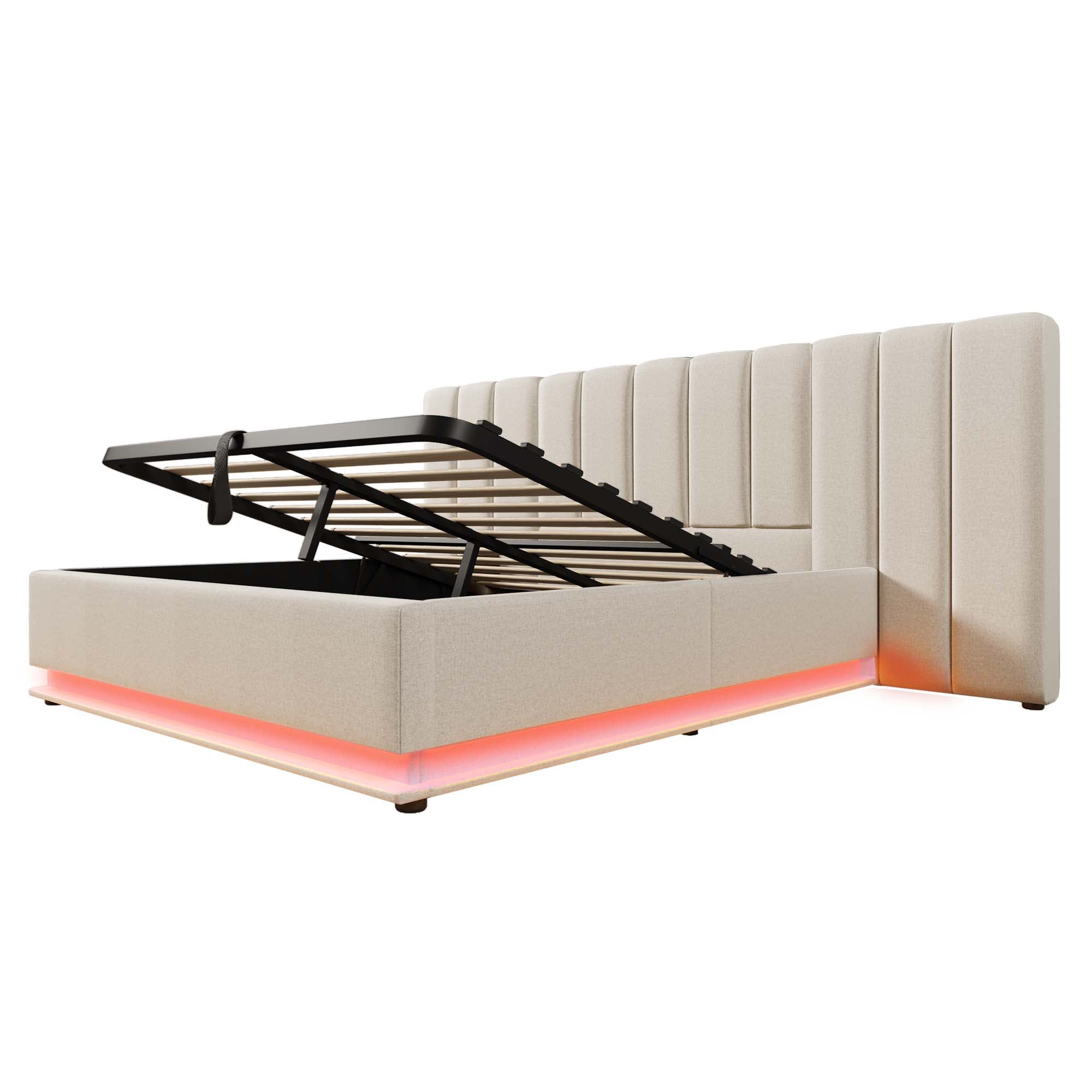 Upholstered Bed 180x200 Storage LED/USB-C, Linen Beige