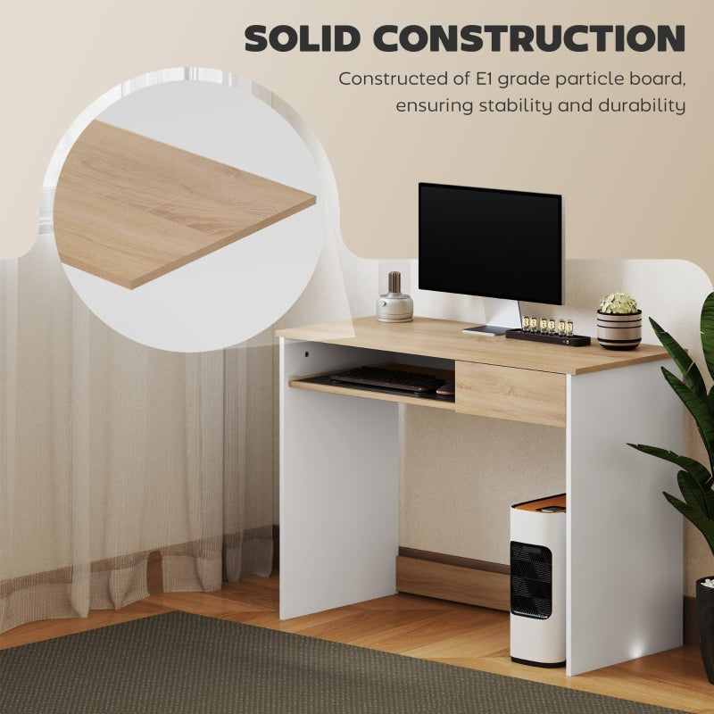 100cm Compact Computer Desk, Keyboard Tray and Drawer for Home Office, Oak