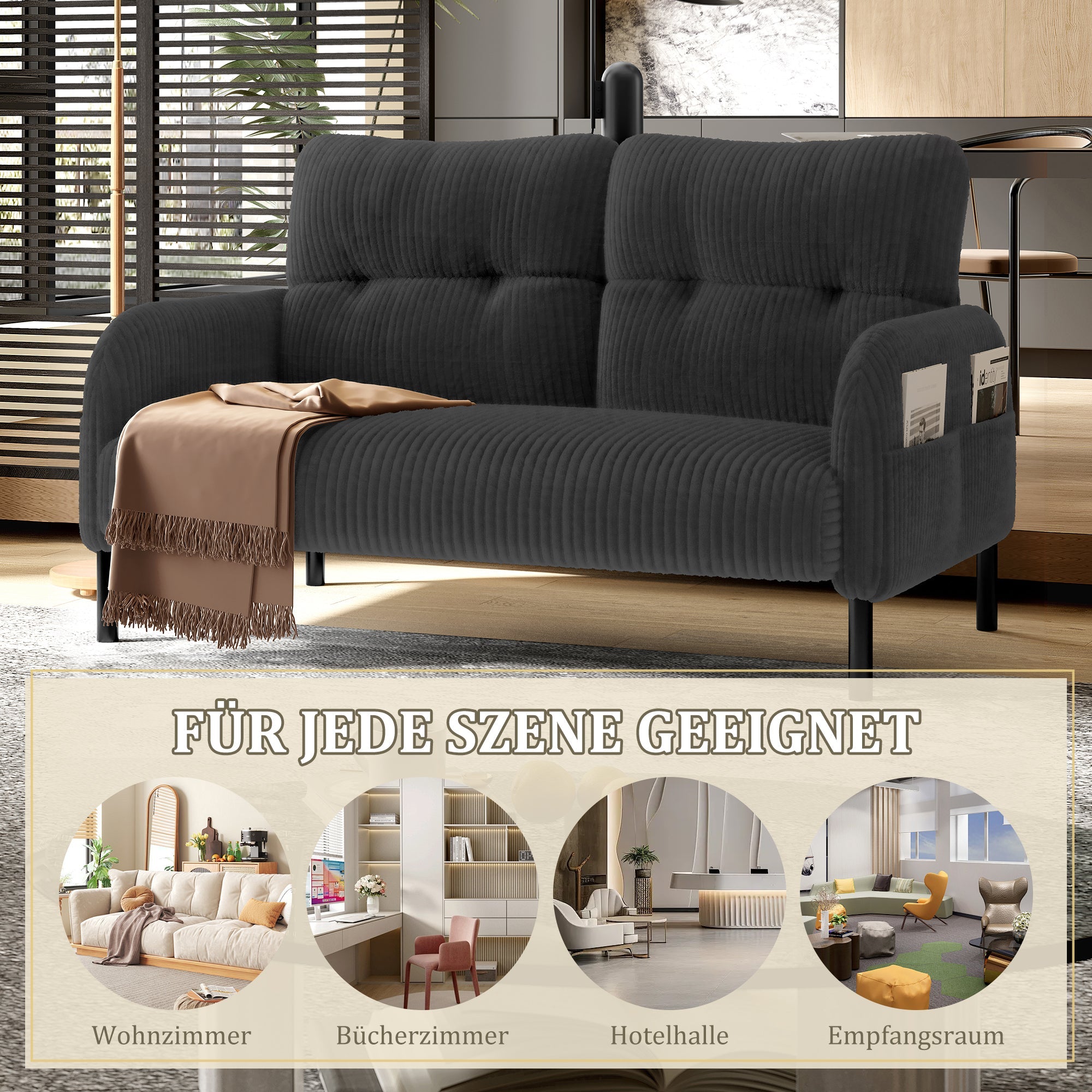 Corduroy Two-Seater Sofa, Comfort Padding High Backrest Side Pockets, Metal Feet