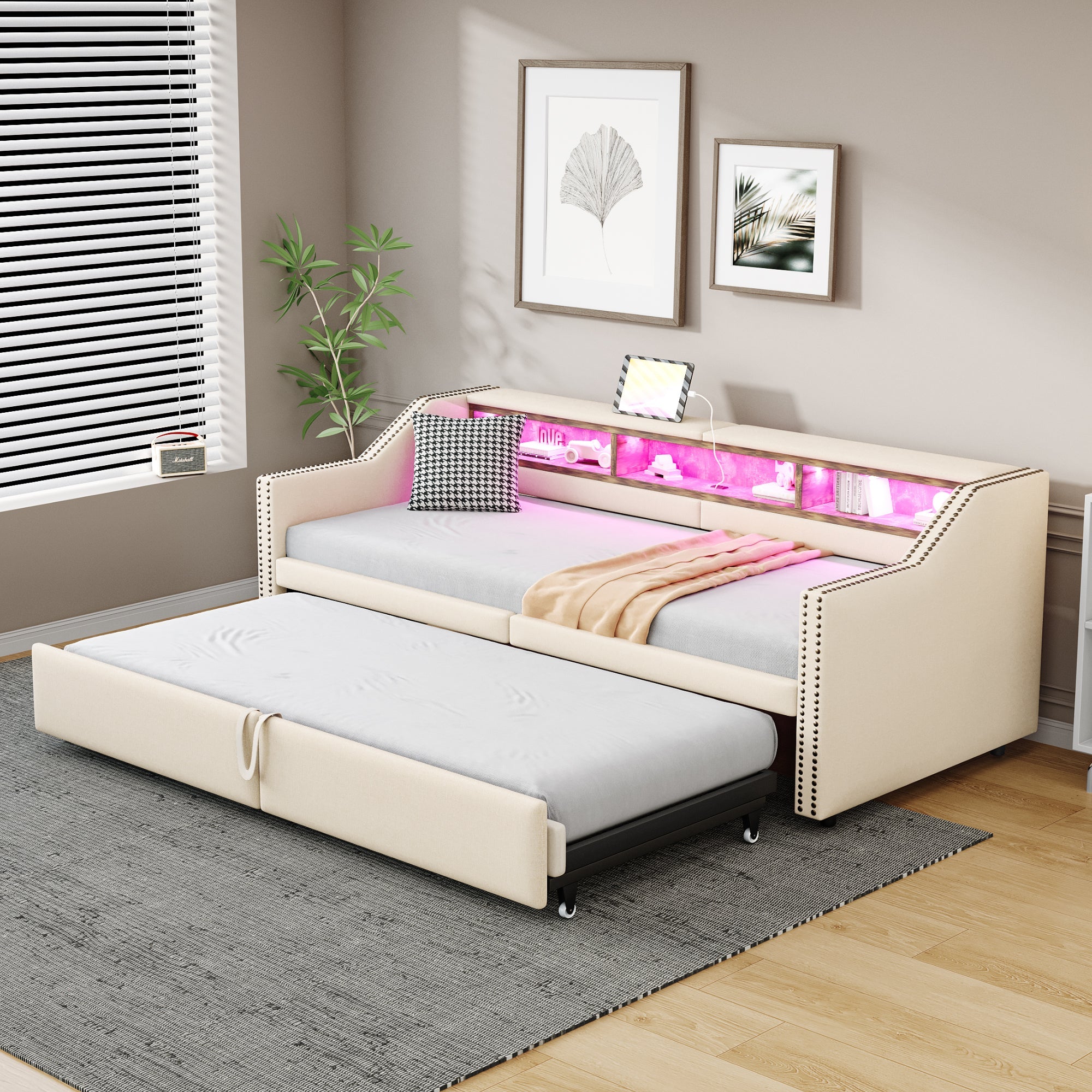Upholstered Bed, Pull-Out Sofa Bed with Storage, LED & USB, Beige
