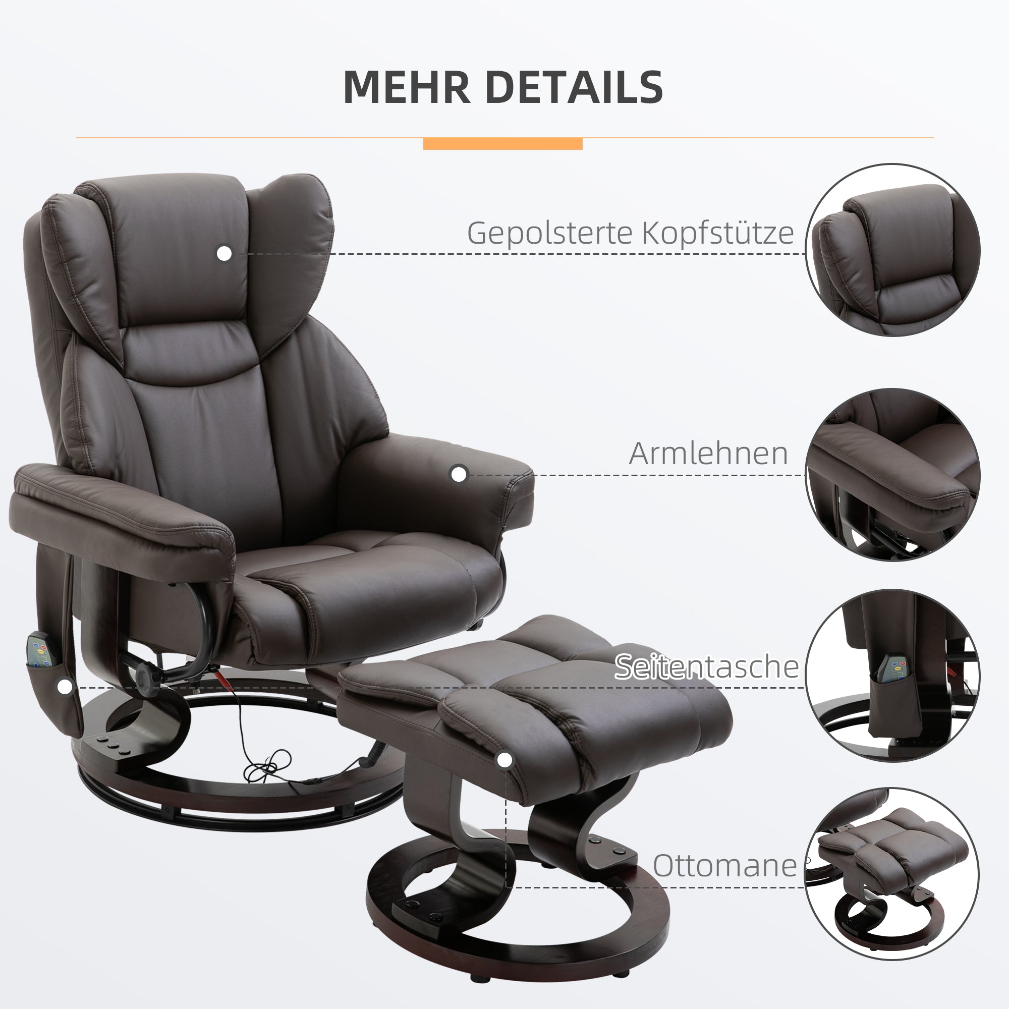 Recliner Massage Chair with Footstool, Reclining Function, Faux Leather Brown