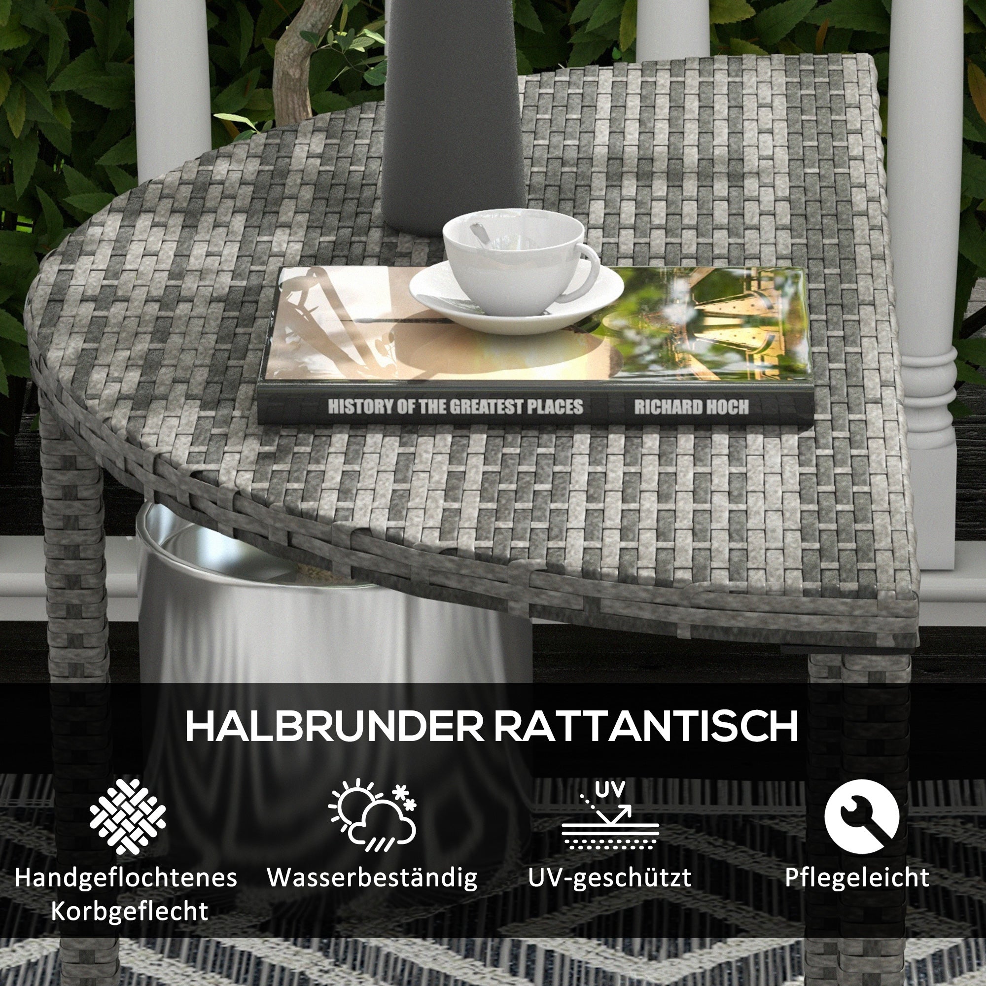 Semi-circular Balcony Table 100 x 50 x 74 cm Polyrattan & Metal, Grey