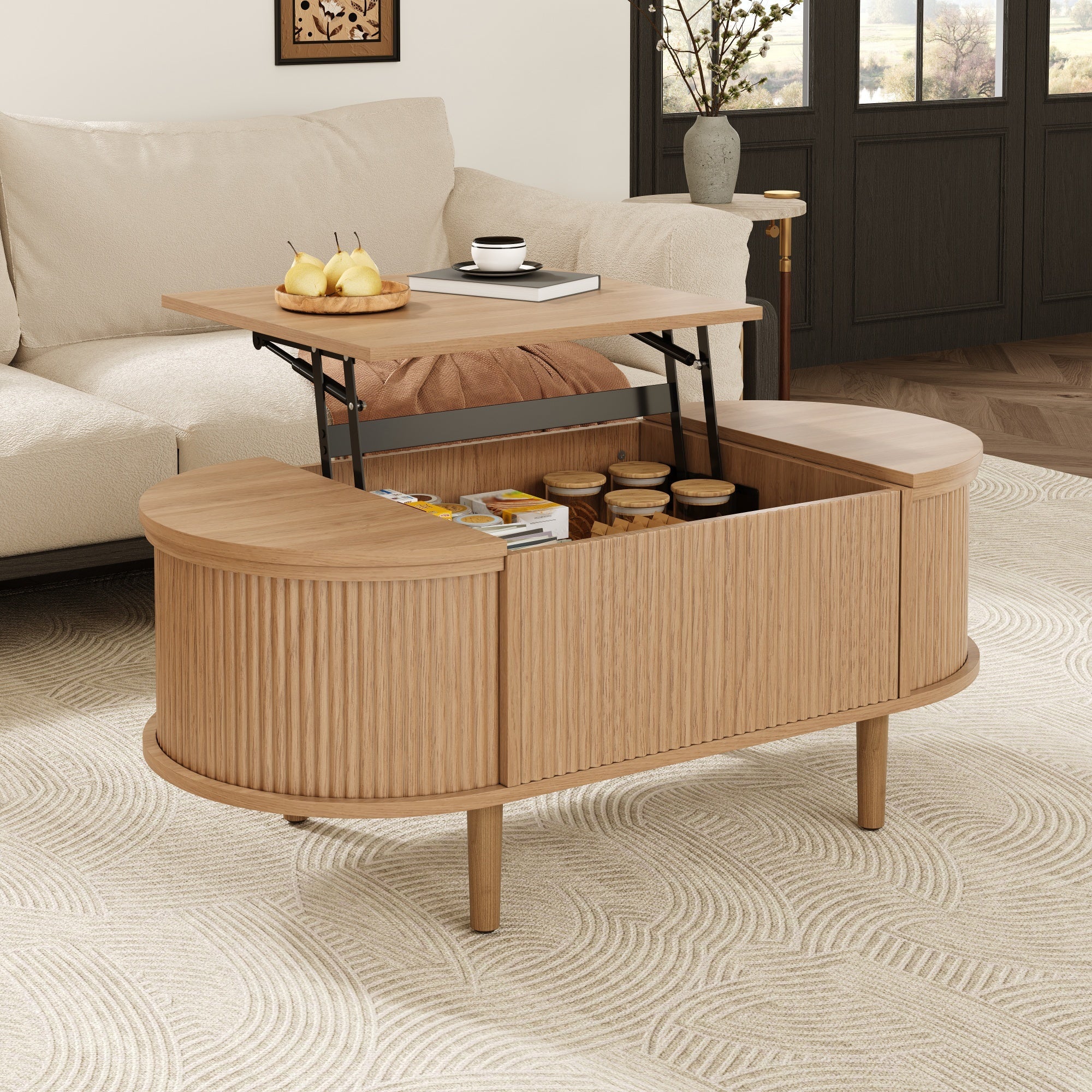 Oval Adjustable Coffee Table with Storage and Multifunctional Design, Vintage Style, Solid Wood Legs