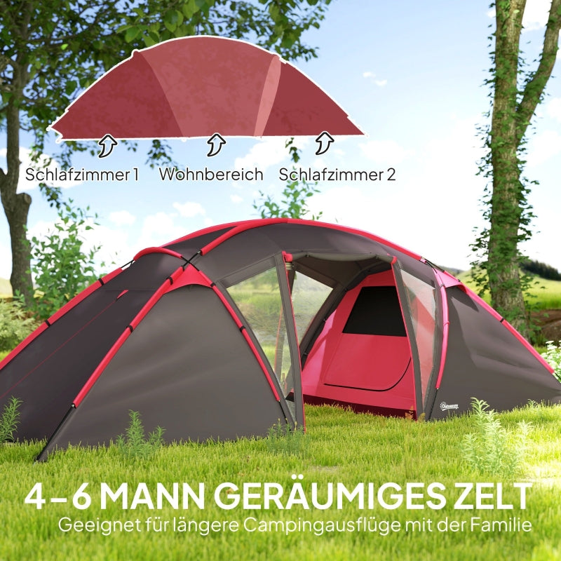 Tunnel Tent Camping Tent for 4-6 people, 3 rooms, double doors, water-repellent, Grey