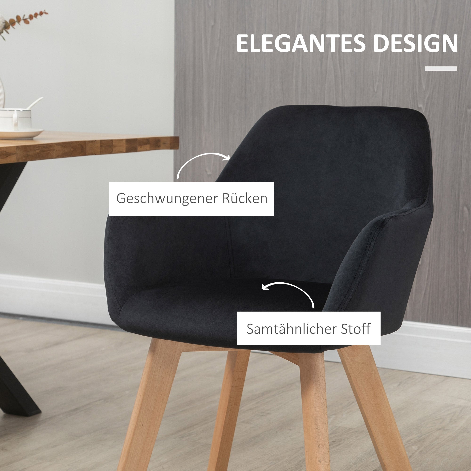 Küchenstühle, 2er-Set ergonomisch mit Armlehnen, Polyester Holz, Schwarz