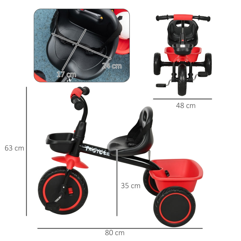 Children's Tricycle with Height-Adjustable Seat and 2 Baskets, Black and Red
