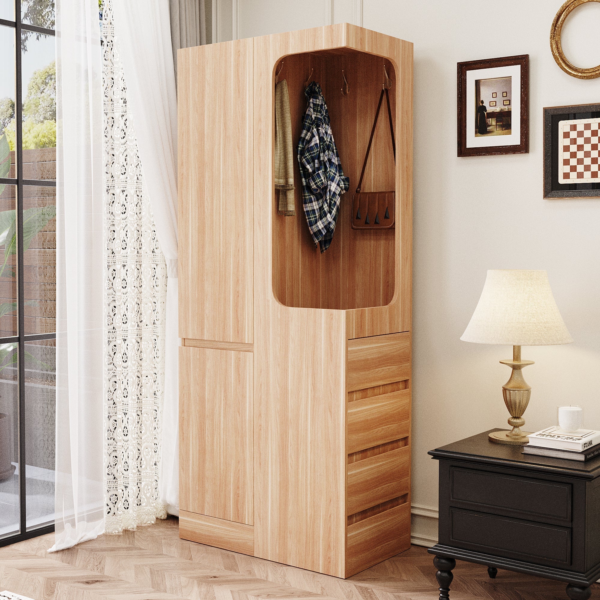 Wardrobe 70x40x170cm Drawers Single Door Open Storage - Wood Color
