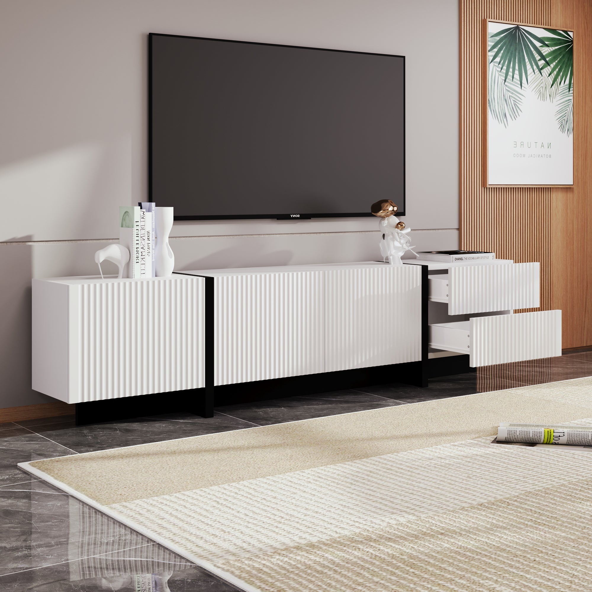 TV Cabinet, 190 cm with 3 Doors & 2 Drawers, White + Black
