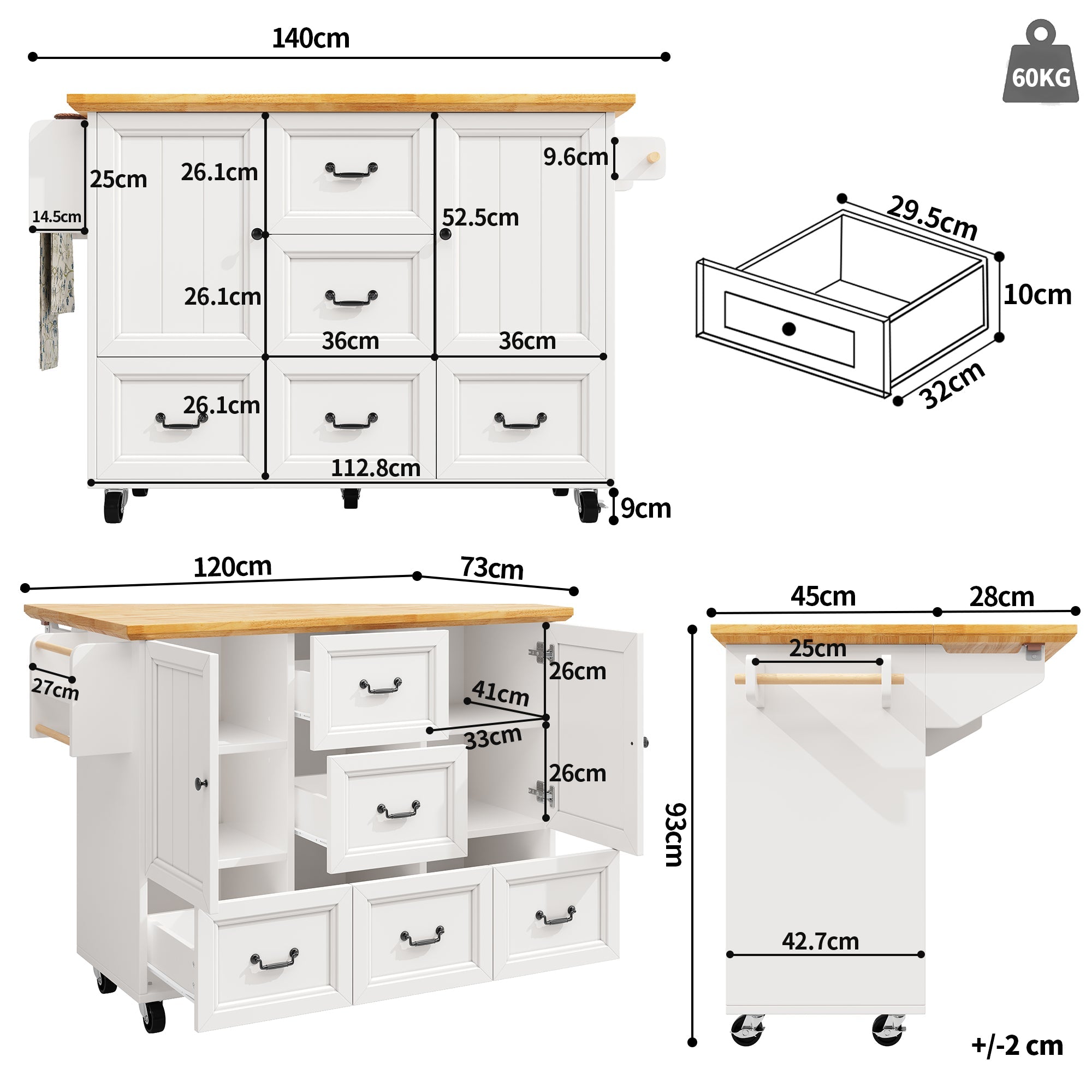 Kitchen Island Extendable Trolley 5 Drawers Towel/Spice Rack - White/Black