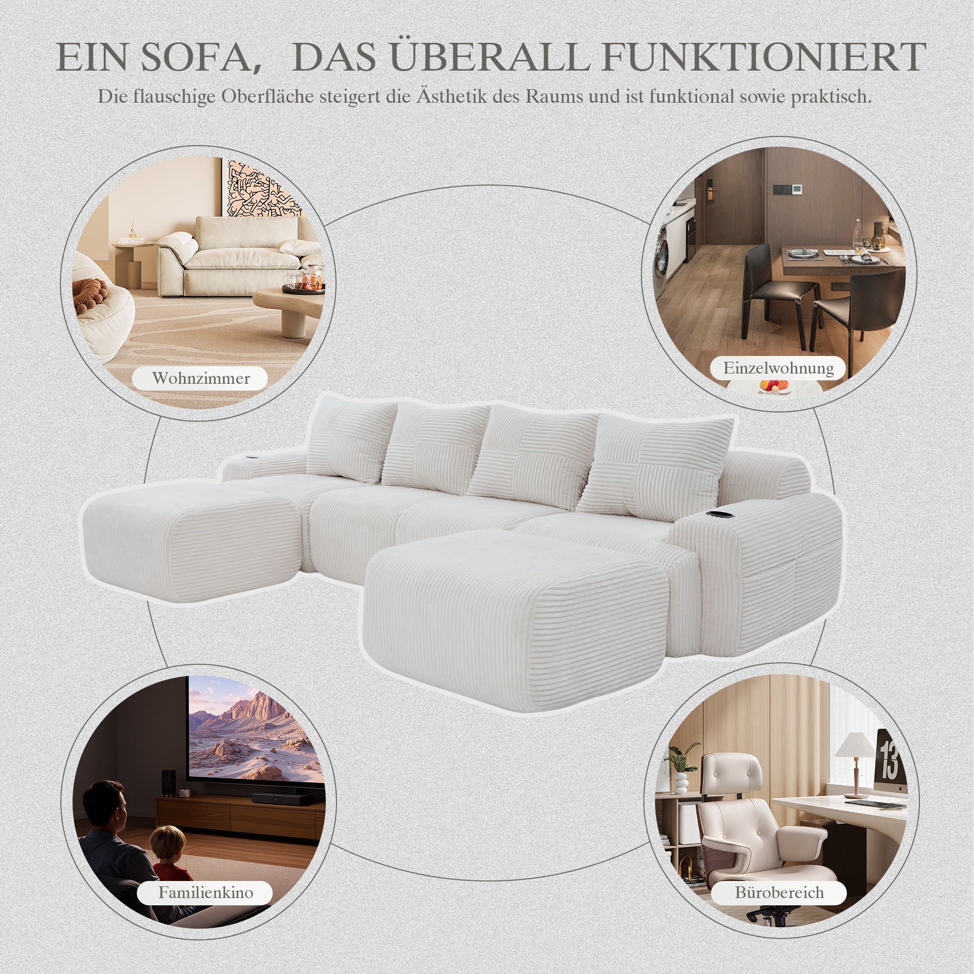 Modular Corduroy Sofa, 4-Seater with 2 Ottomans, Cup Holders and Storage, Beige