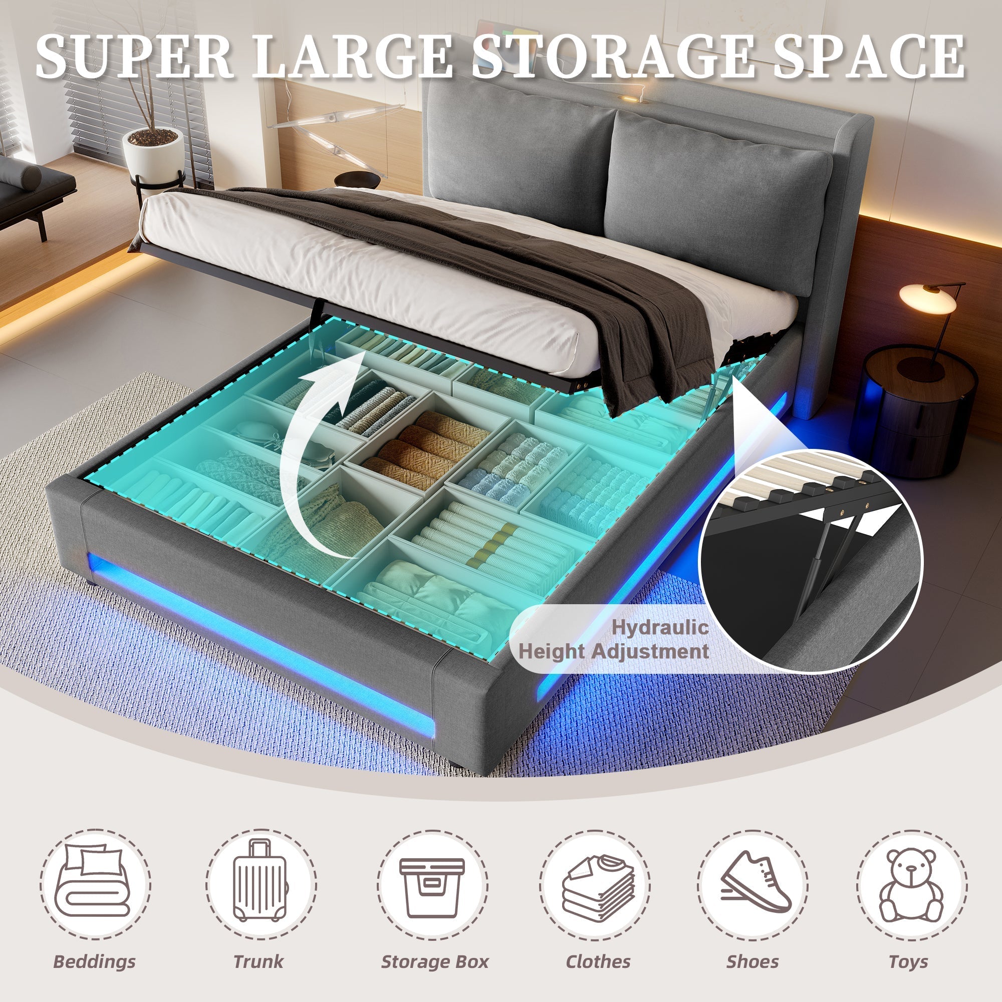 Modern Upholstered Bed with Storage, USB-C, LED Lights, Hydraulic Lift, Velvet