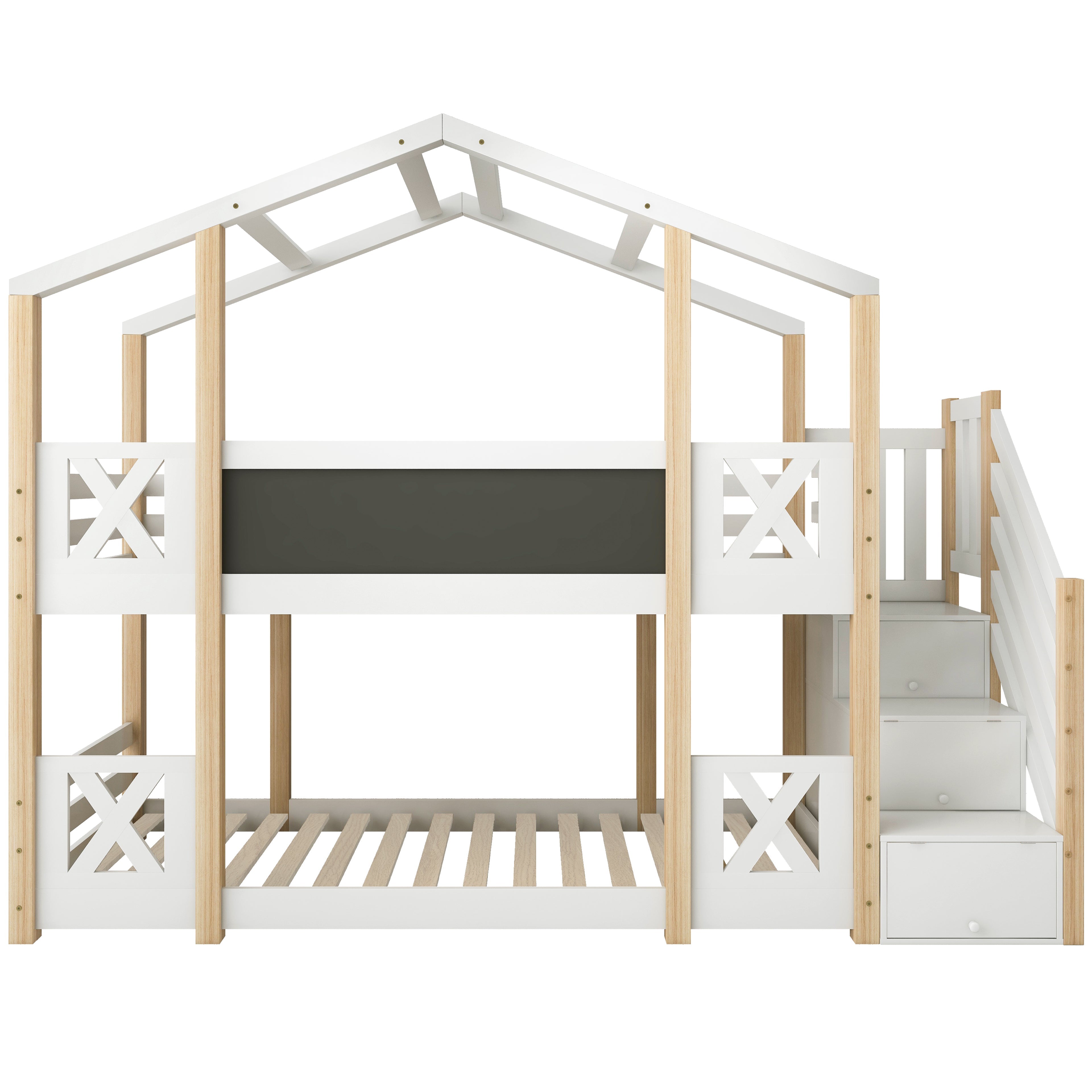 Bunk Bed 90x200cm Tree House Loft with Stairs & Fall Protection, Natural & White