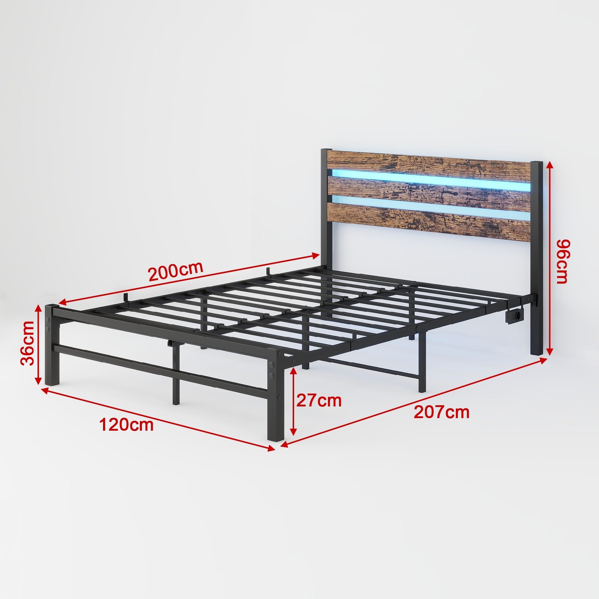 Bed Frame with Headboard, 120x200cm, USB Charging Station & LED, Metal