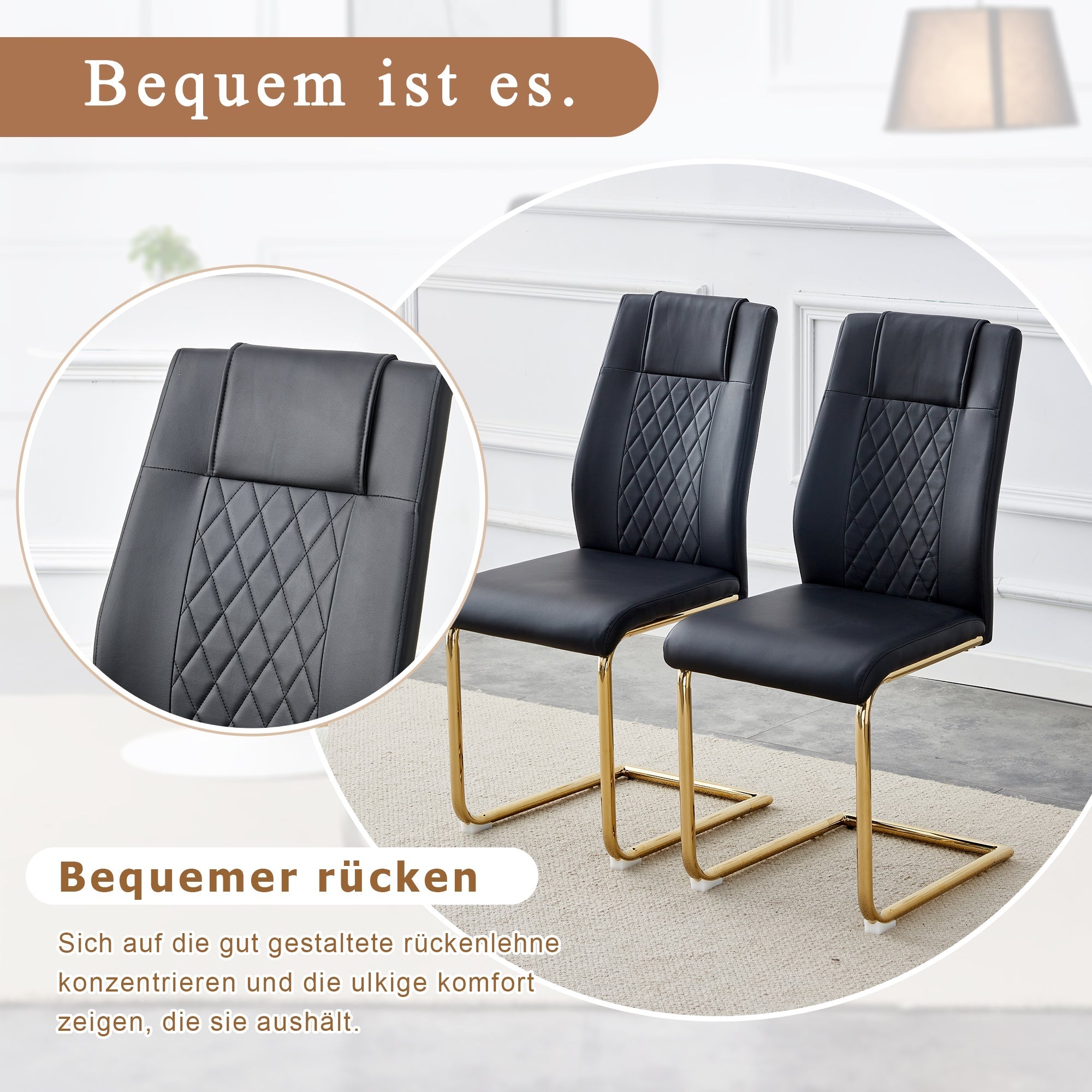 Scandinavian Dining Chairs Set of 4 Mesh Back Gold Metal Legs - Black PU Leather