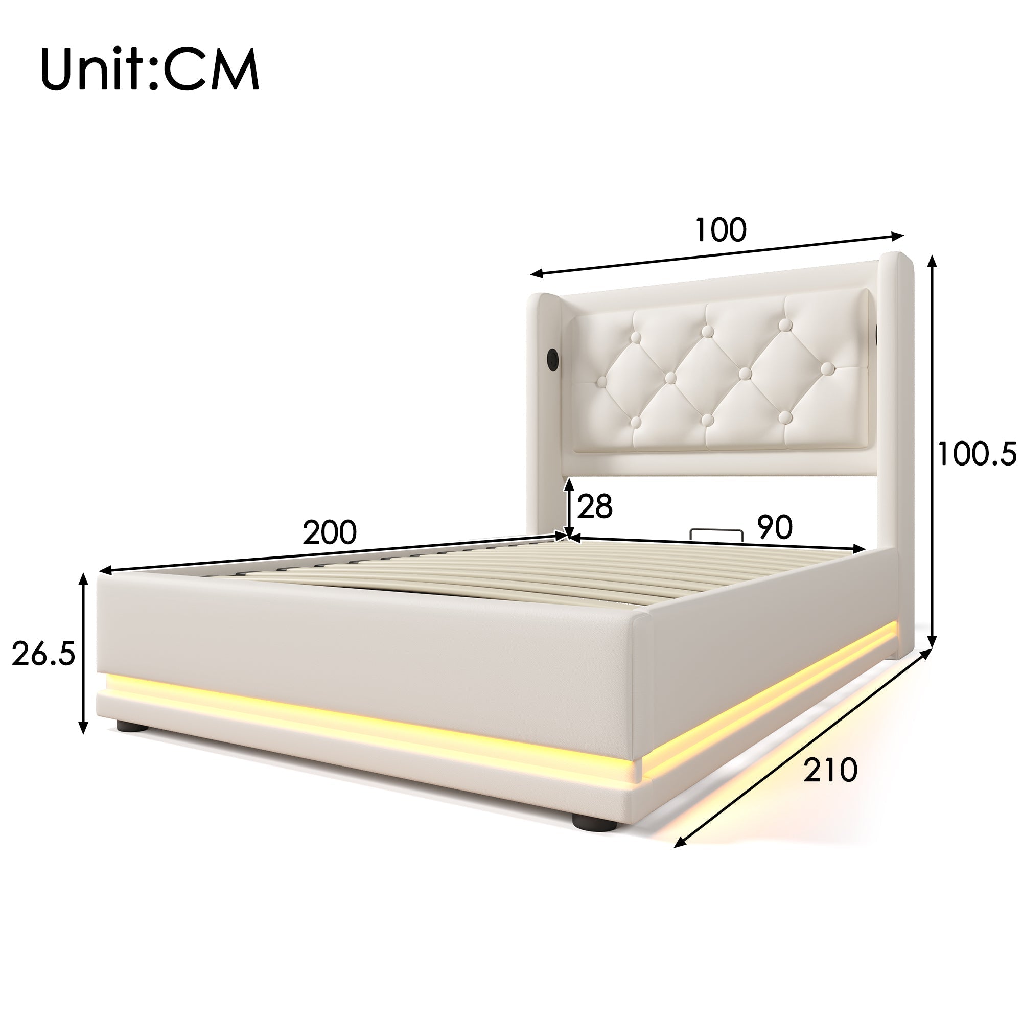 Upholstered Single Bed 90*200cm Hydraulic Storage Headboard USB Type-C LED, White PU