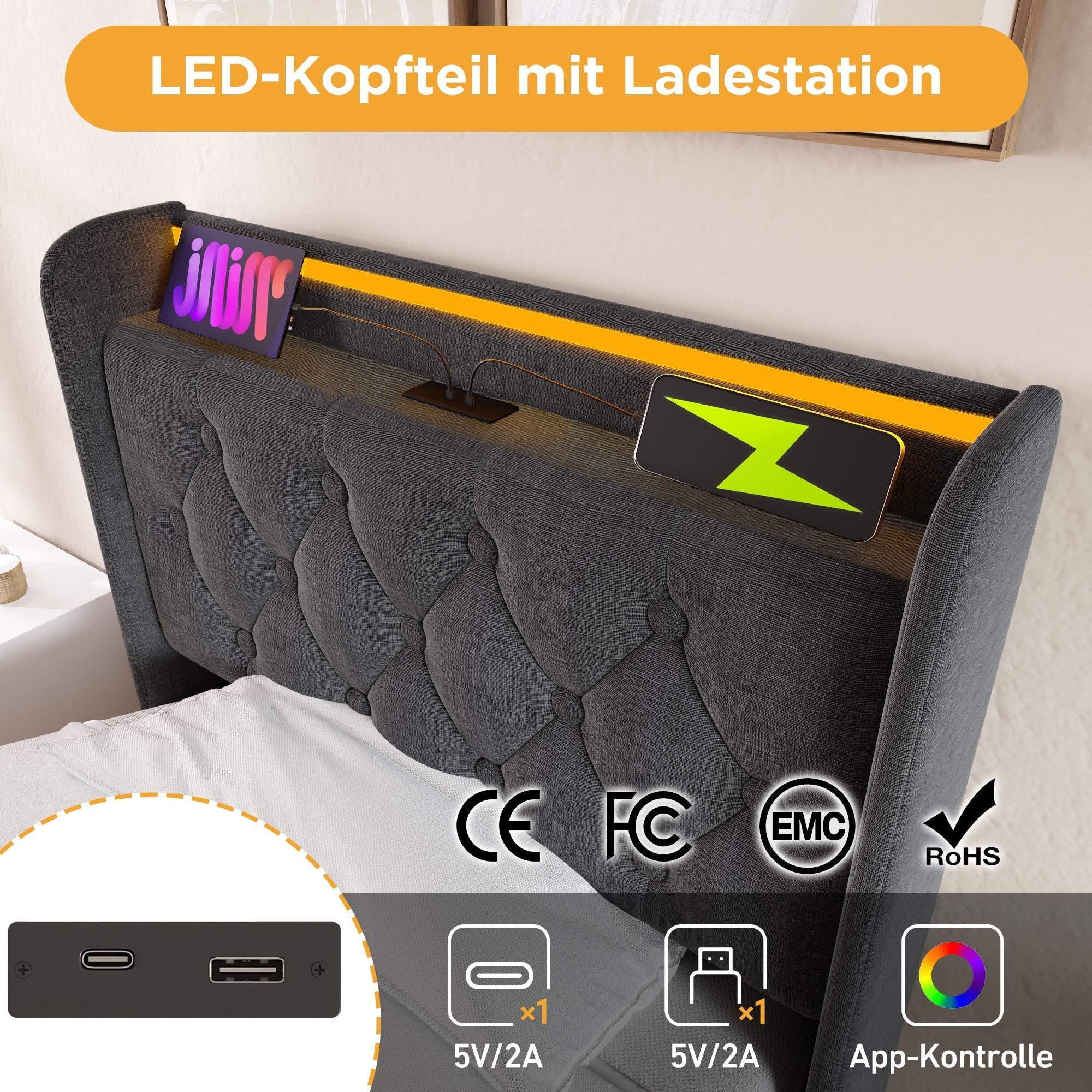 Upholstered Single Bed, Hydraulic Storage LED USB-C Headboard 90x200 cm, Grey Linen