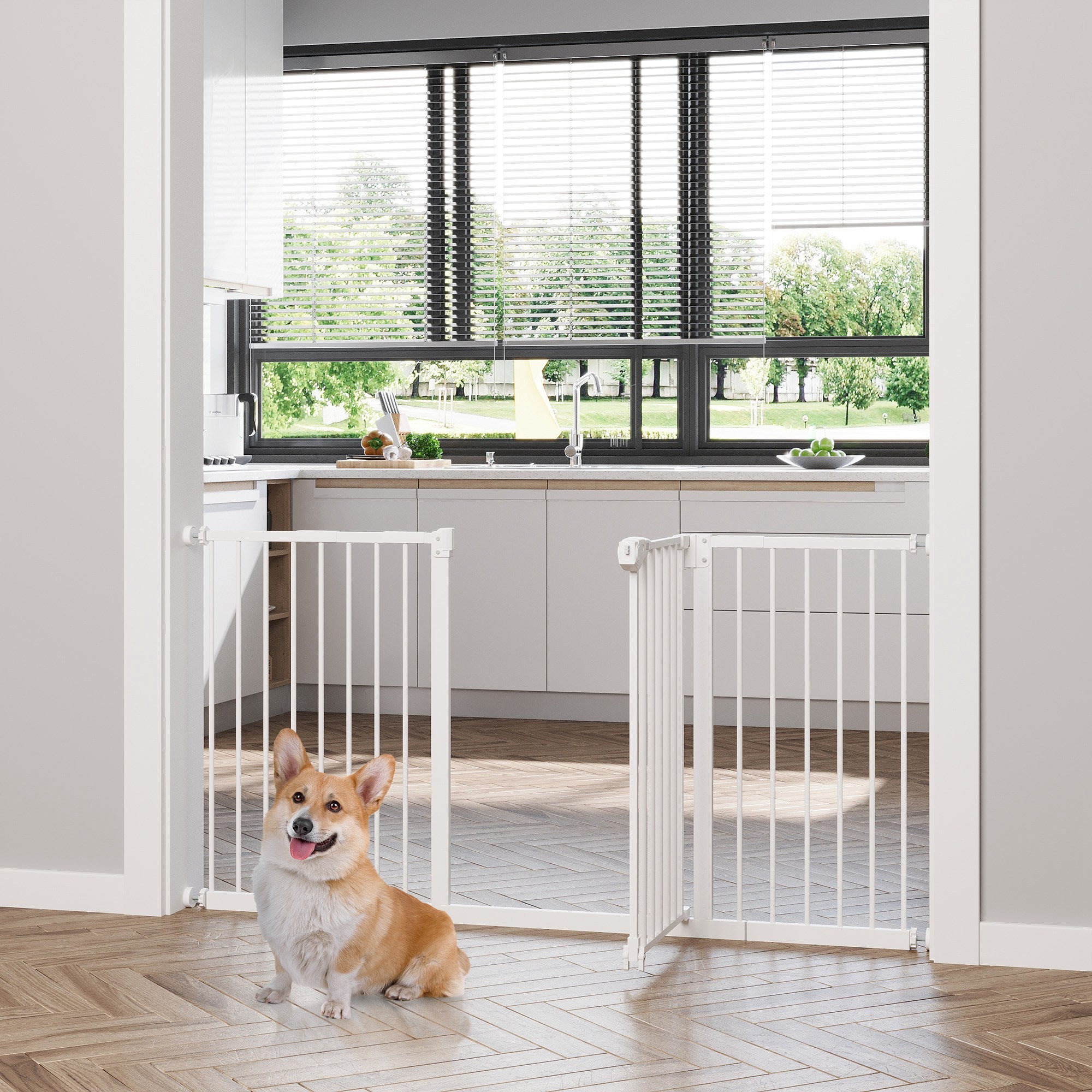 Door Safety Gate, Pet Barrier 74-147.5cm 3 Extensions No Drilling Stair Gate, Metal White