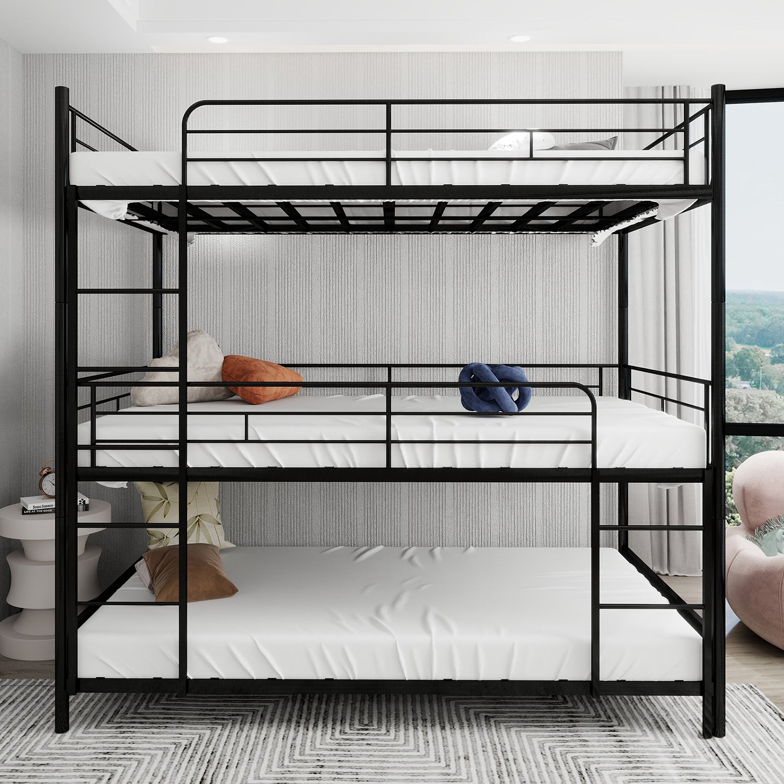 Triple Frame Bed, Heavy-Duty with Ladder & Railing, Easy Assembly, Metal