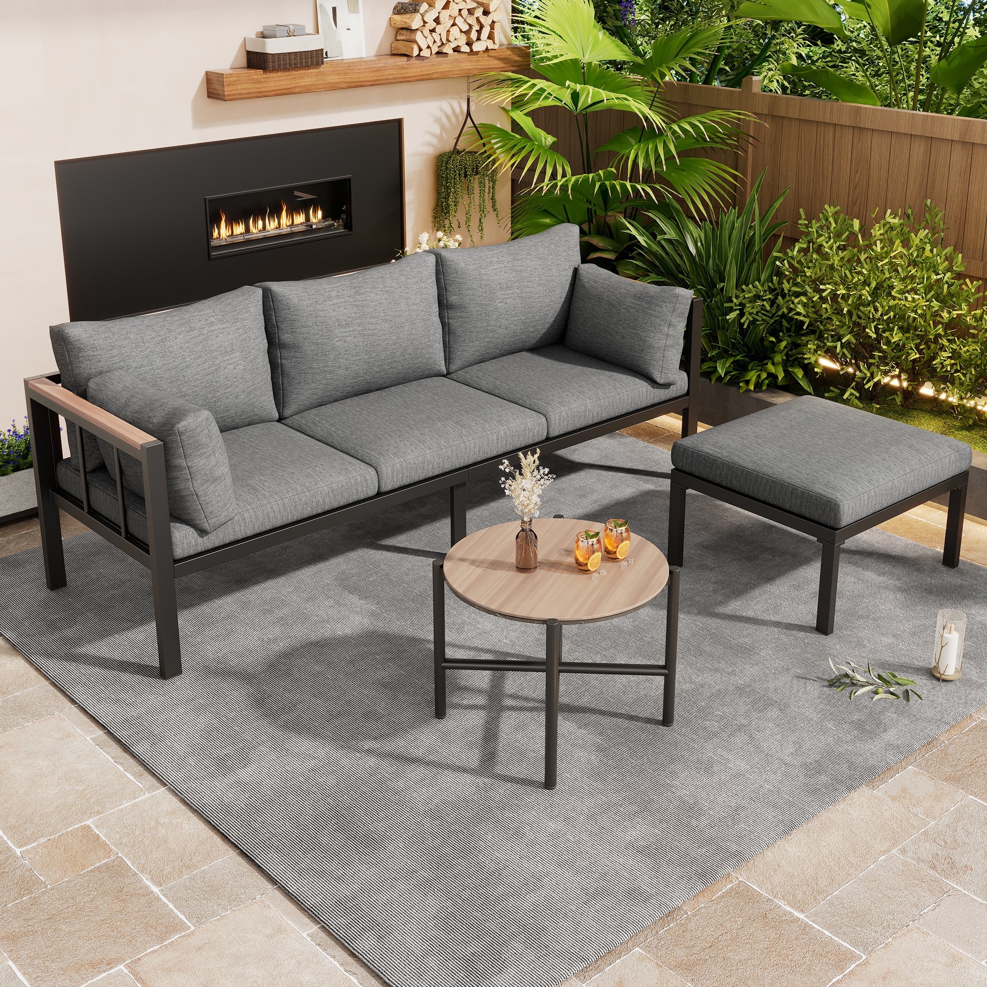 Garden Furniture Set with Corner Sofa, Coffee Table & Footstool, Galvanized Steel & Glass, Grey