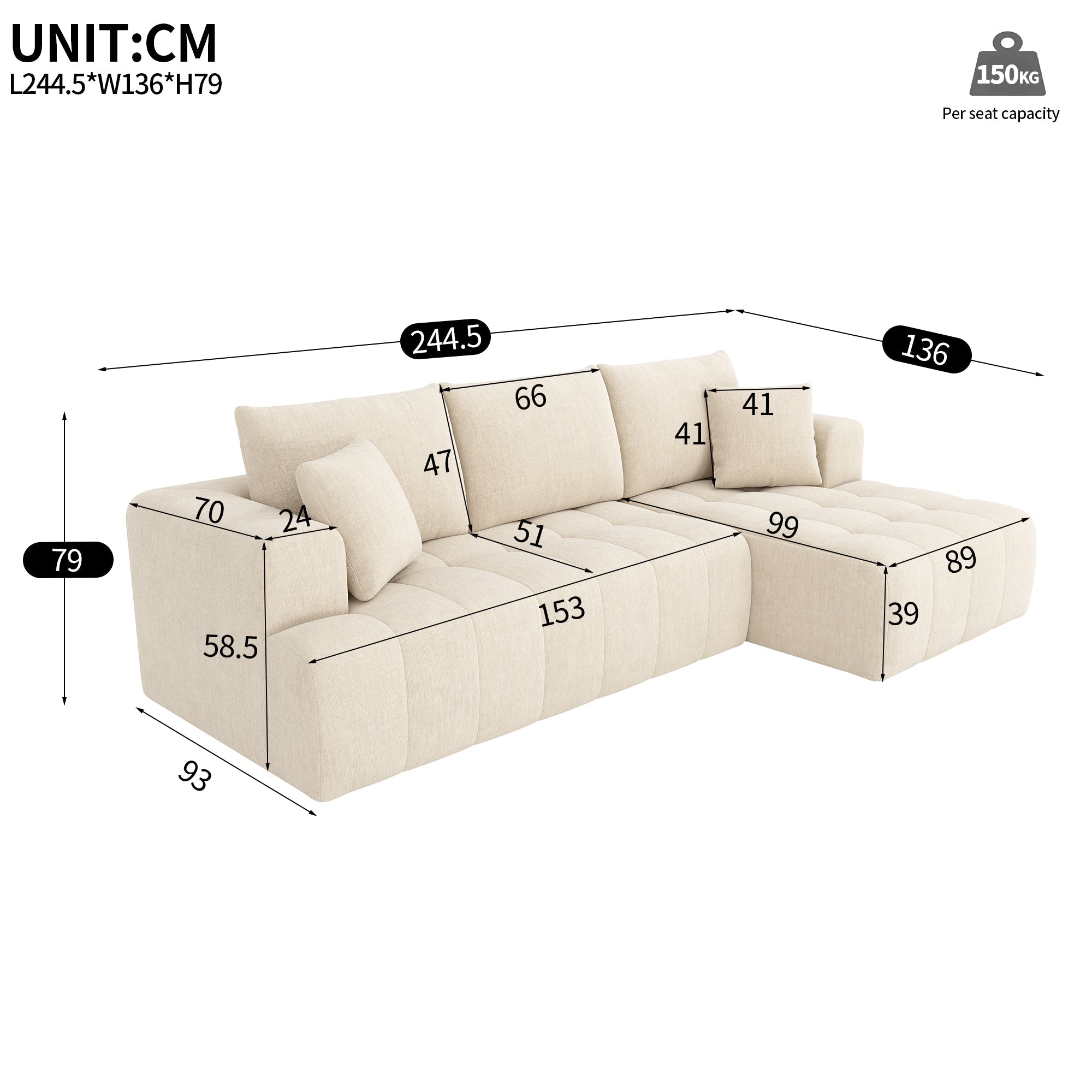 Cloud Modular L-Shaped Corner Sofa with Low-Profile Design, Beige Chenille