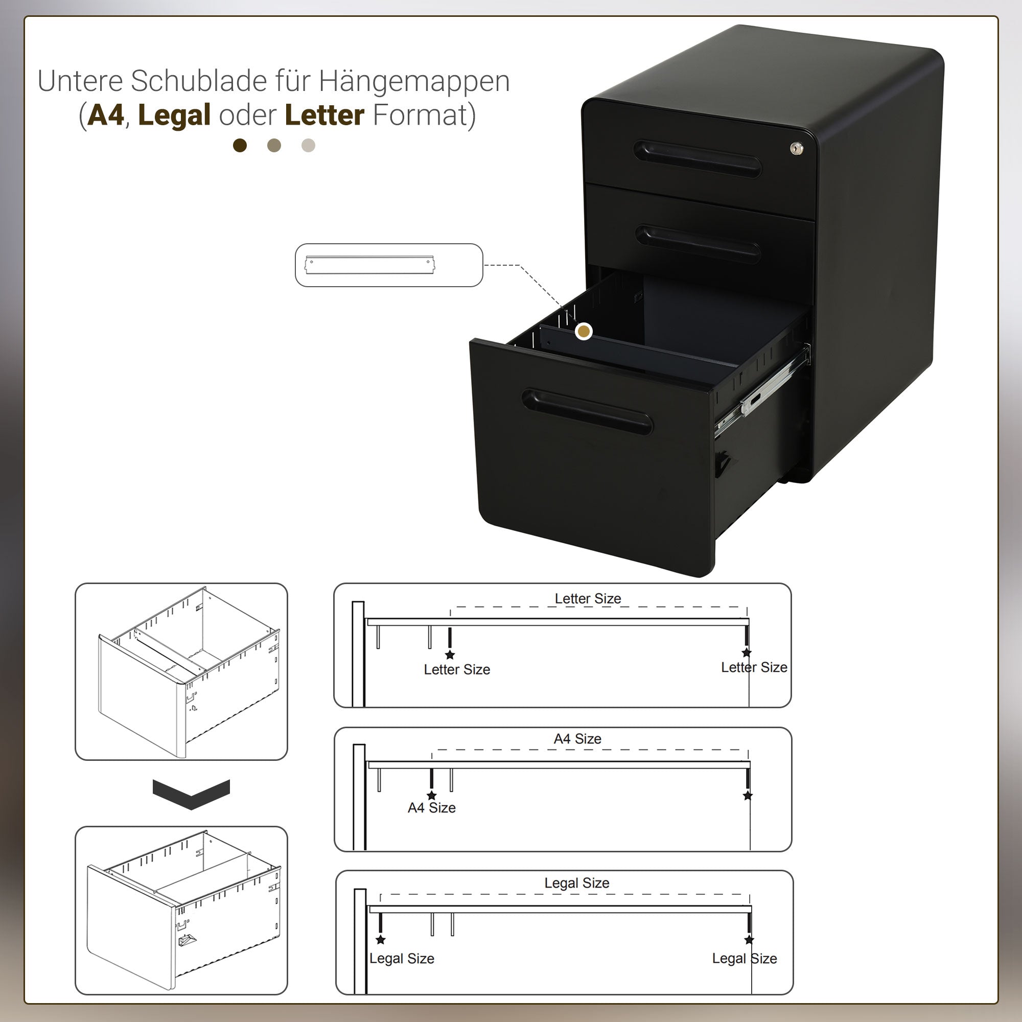 Rolling File Cabinet, 3-Drawer Office Container Steel Black