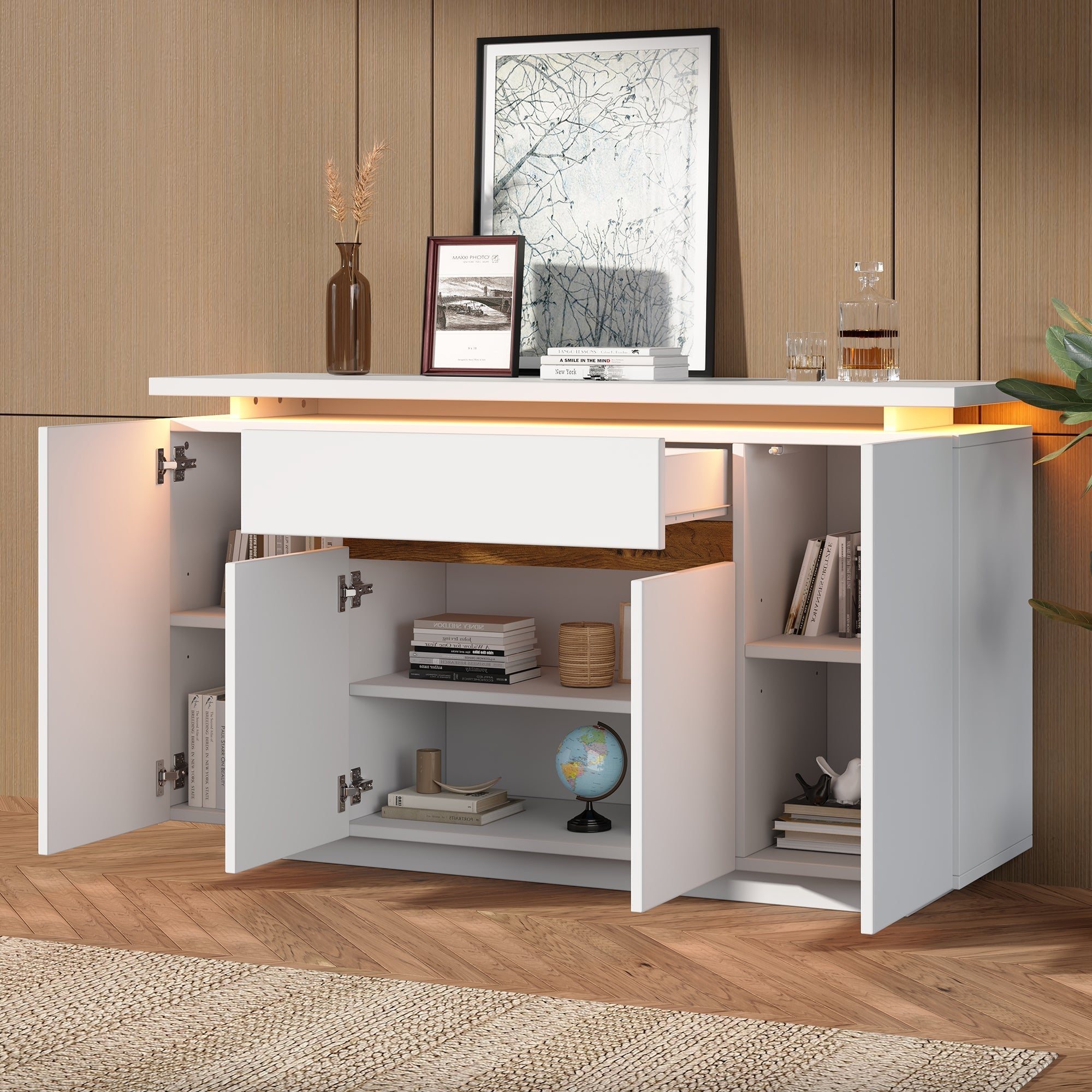 Sideboard Chest of Drawers LED Lighting 1 Drawer 4 Door Storage White