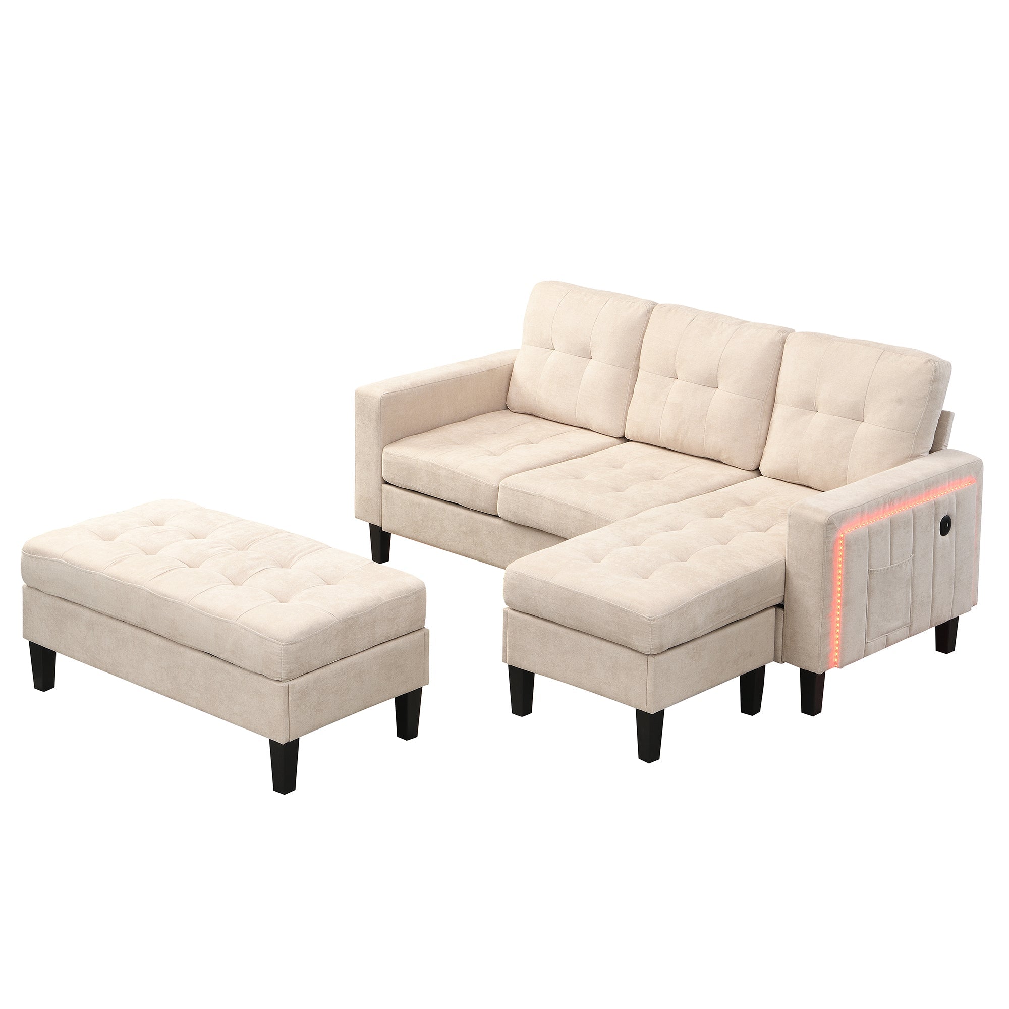 Sofa Set, L-Shaped Modular with Movable Footstool & LED Lighting