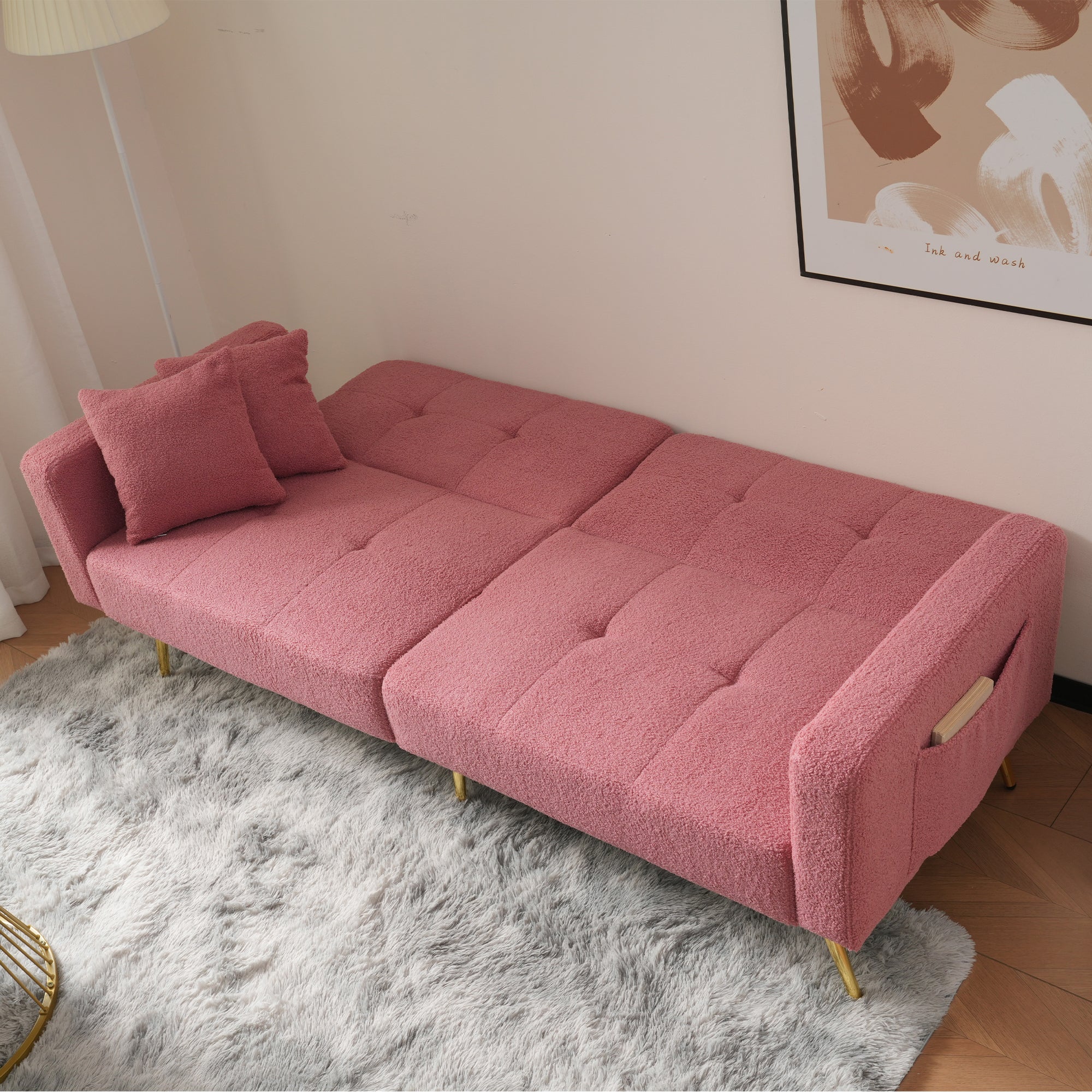 Sofa Bed, 3 Adjustable Backrest Angles, Gold Legs, Cushions & Side Storage Pockets