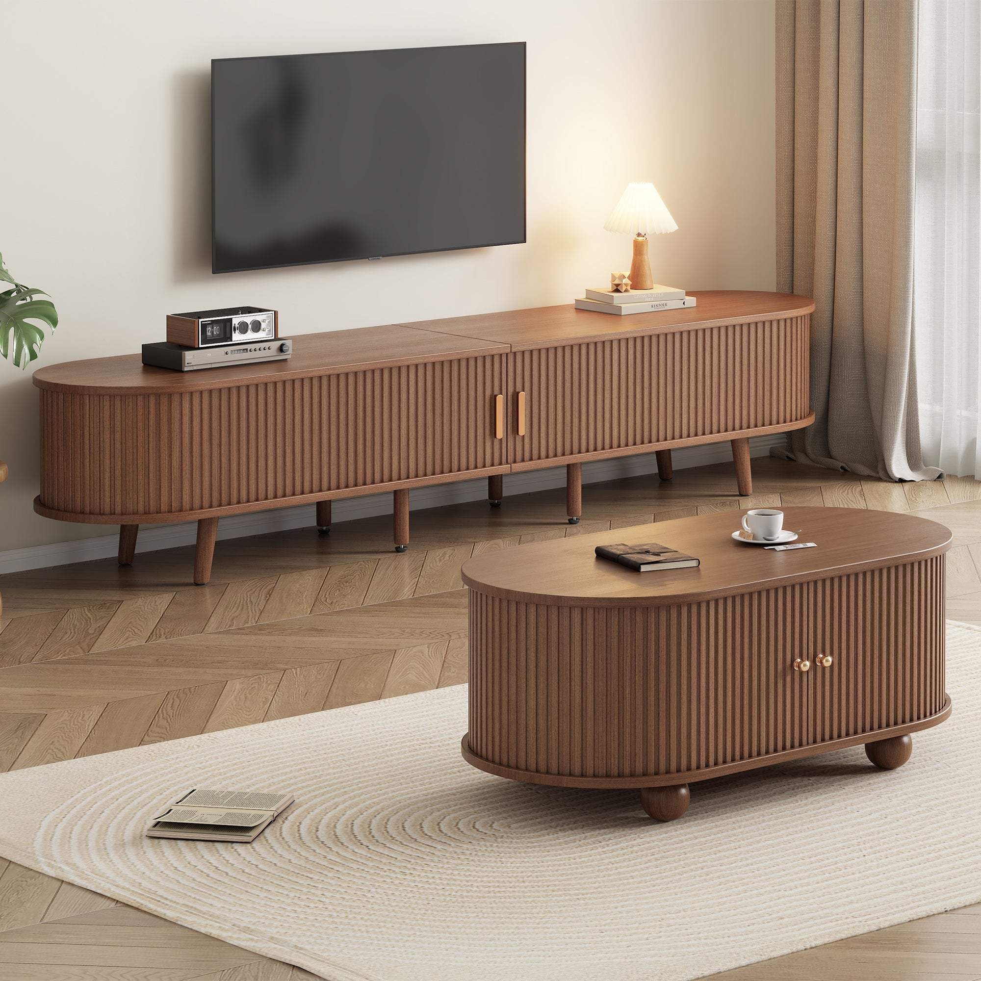 TV Stand and Coffee Table Set, 2 Drawer 2 Sliding Doors for 70 Inch TV, Dark Walnut MDF