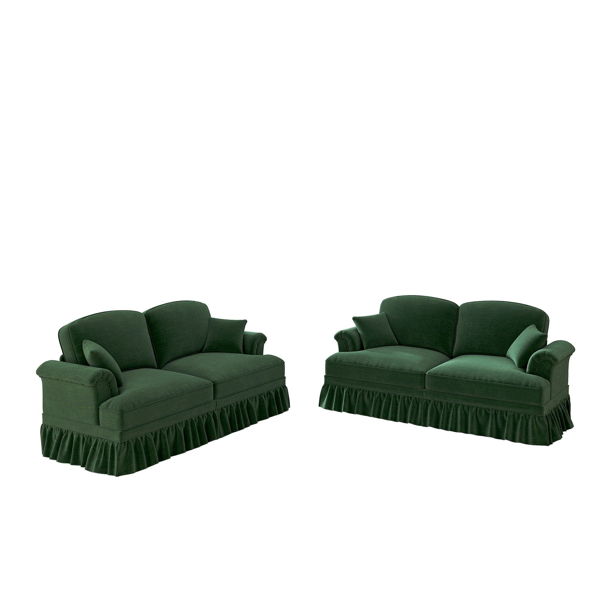 L-Shaped Sofa Mid-Century 2-Seater Movable Ottoman - Green Chenille