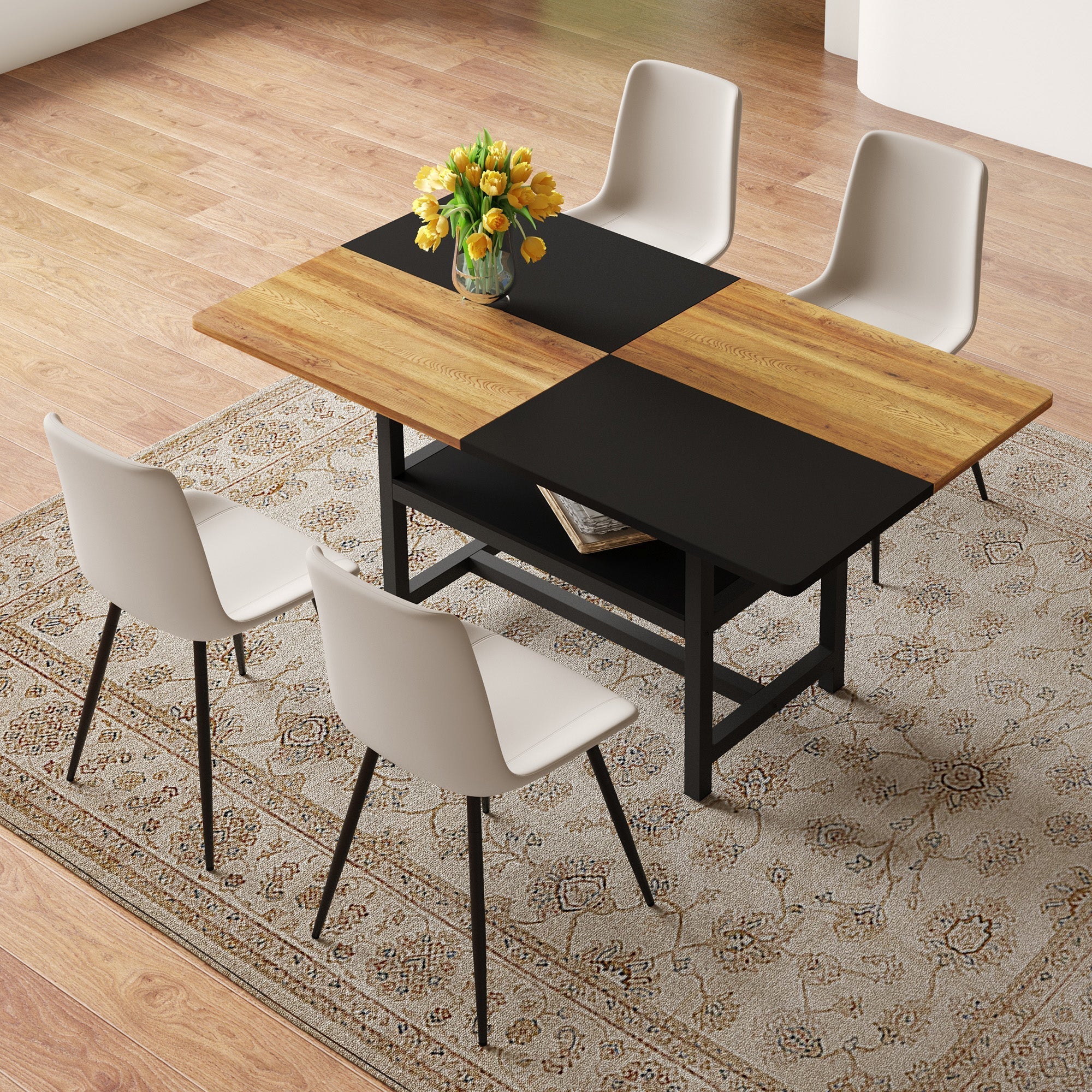 Dining Set 160cm Rectangular Storage 4 PU Chairs - Warm Grey
