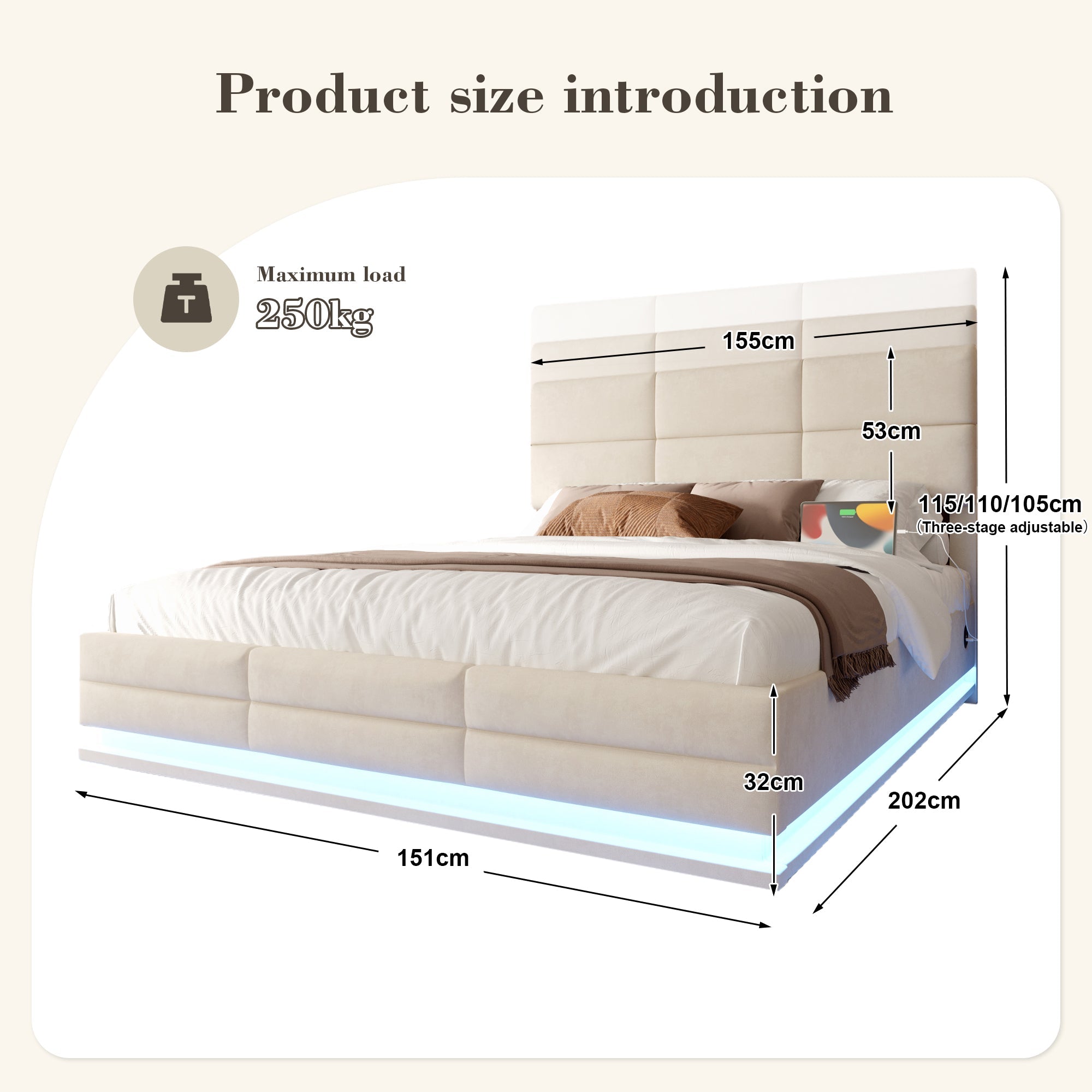 Modern Upholstered Bed 150x200cm, USB/LED, Hydraulic Storage, Beige Velvet