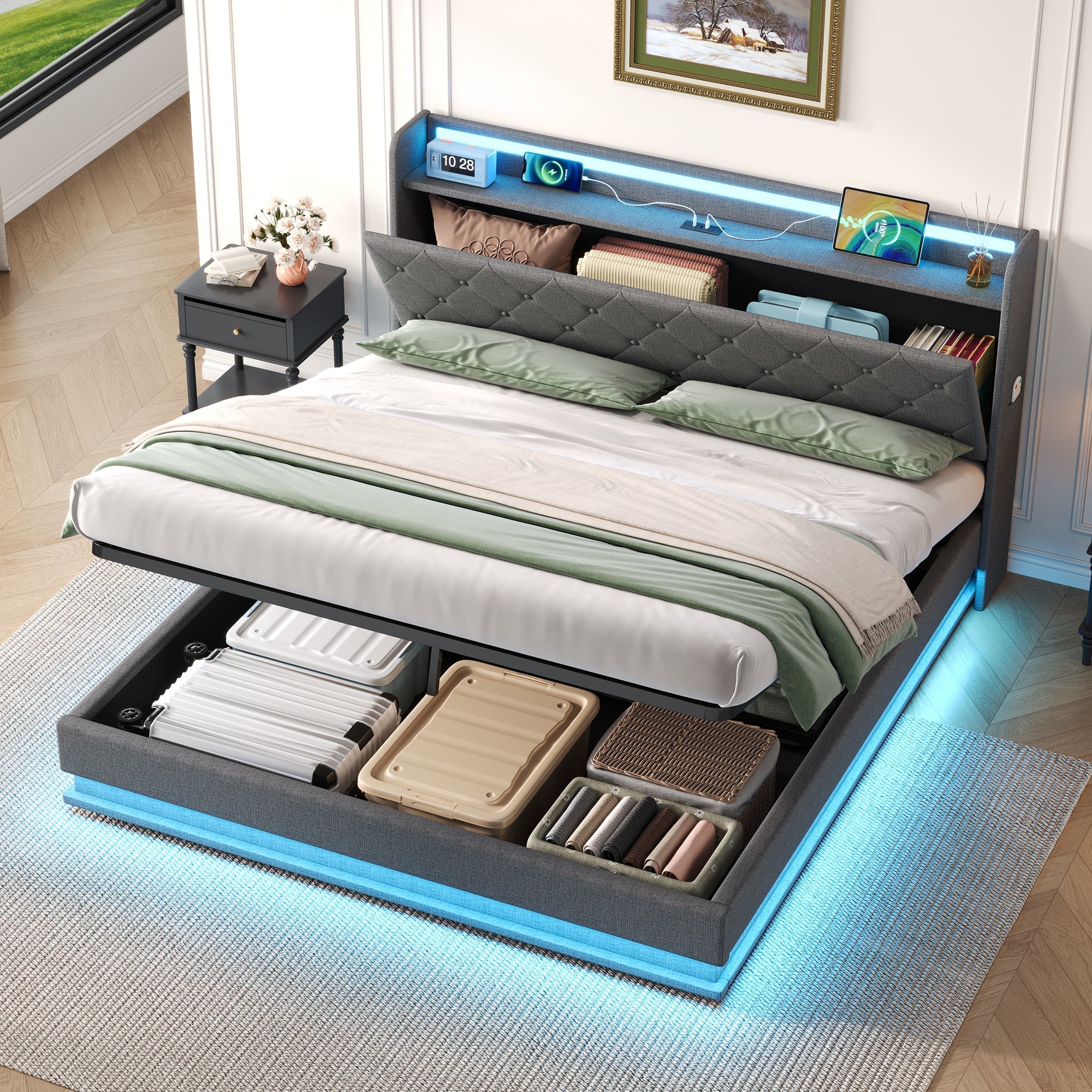 5ft King Upholstered Bed Frame with Hydraulic Storage, LED Button Tufted Headboard, USB and Type-C Ports, Linen, Grey