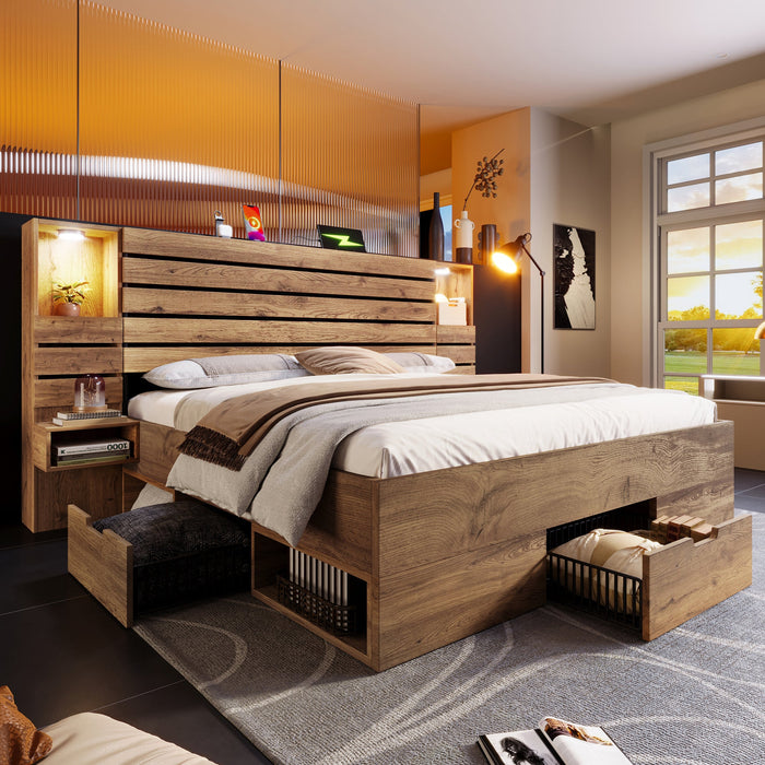 Wooden Double Bed with LED Downlights, USB-C, Floating Bedside Tables and Drawers, 180x200cm, Oak Look