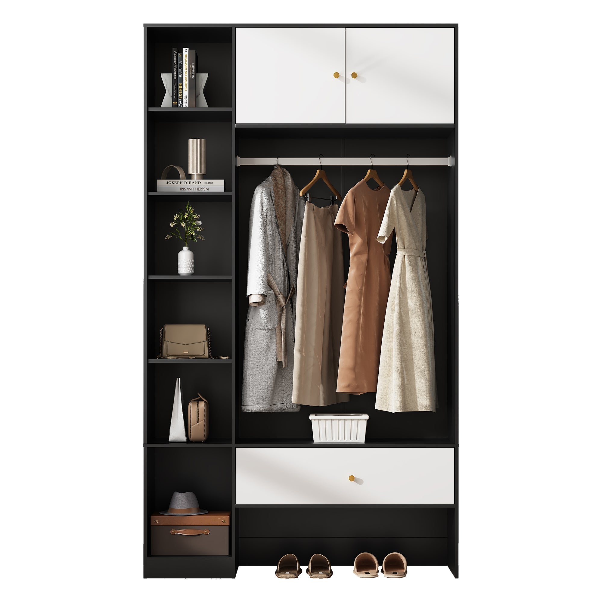 Compact Wardrobe Set 2 Doors 6 Compartments Clothes Rail Drawer Black and White