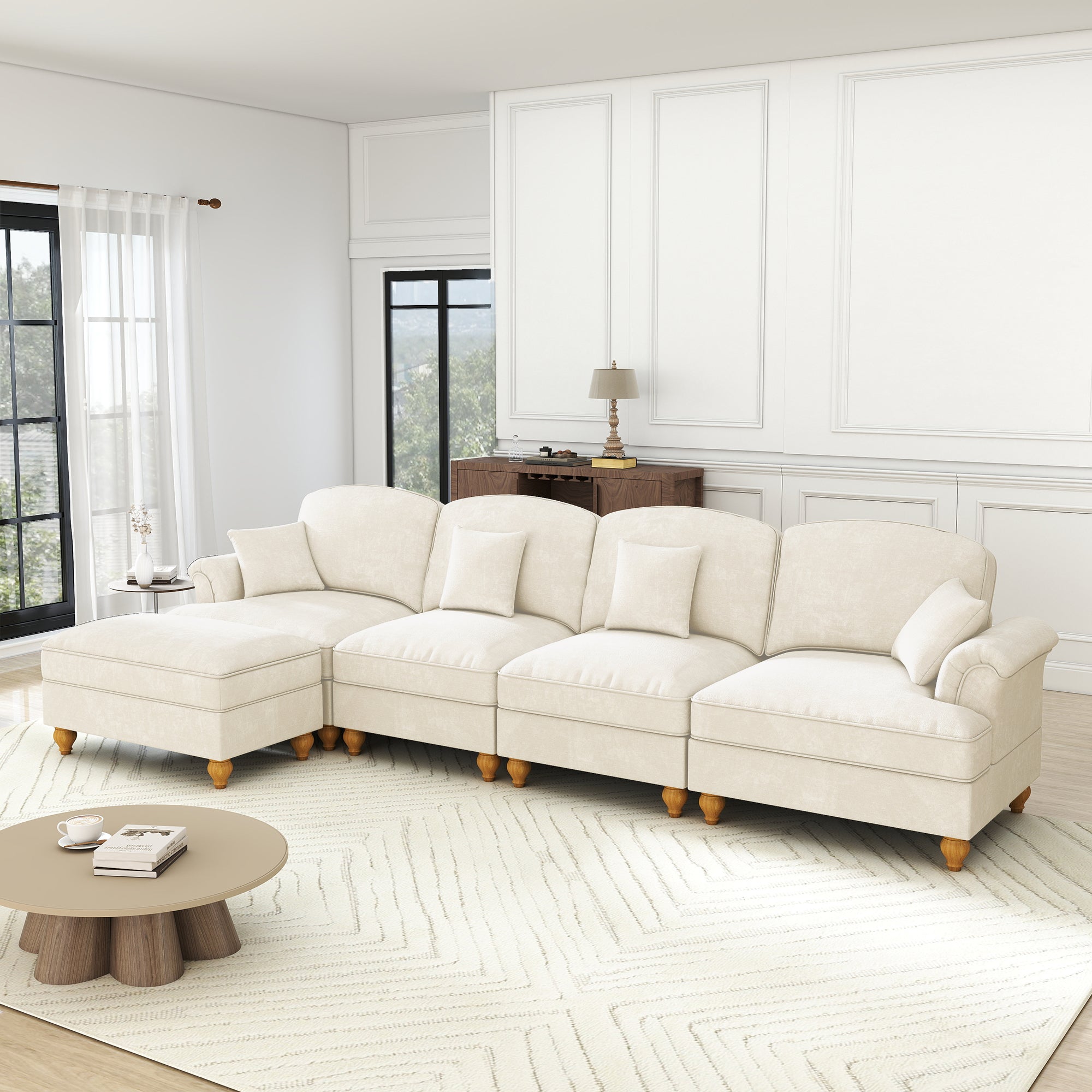 Modular L-Shaped 4-Seater Sofa with Movable Ottoman, Ruffled Apron, Spindle Legs Chenille White