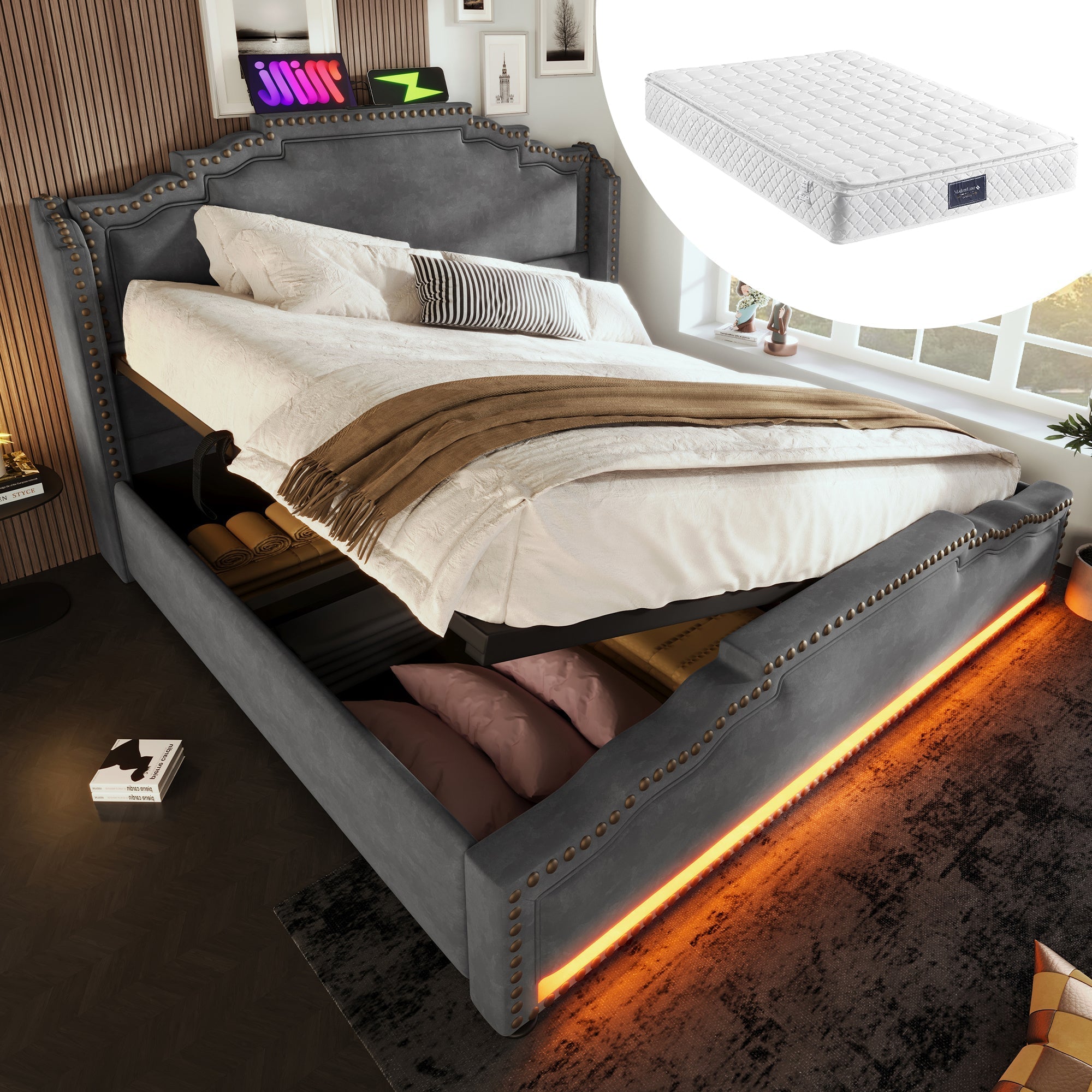 Upholstered Bed 140x200, Hydraulic Storage, LED, USB-C, Velvet Grey