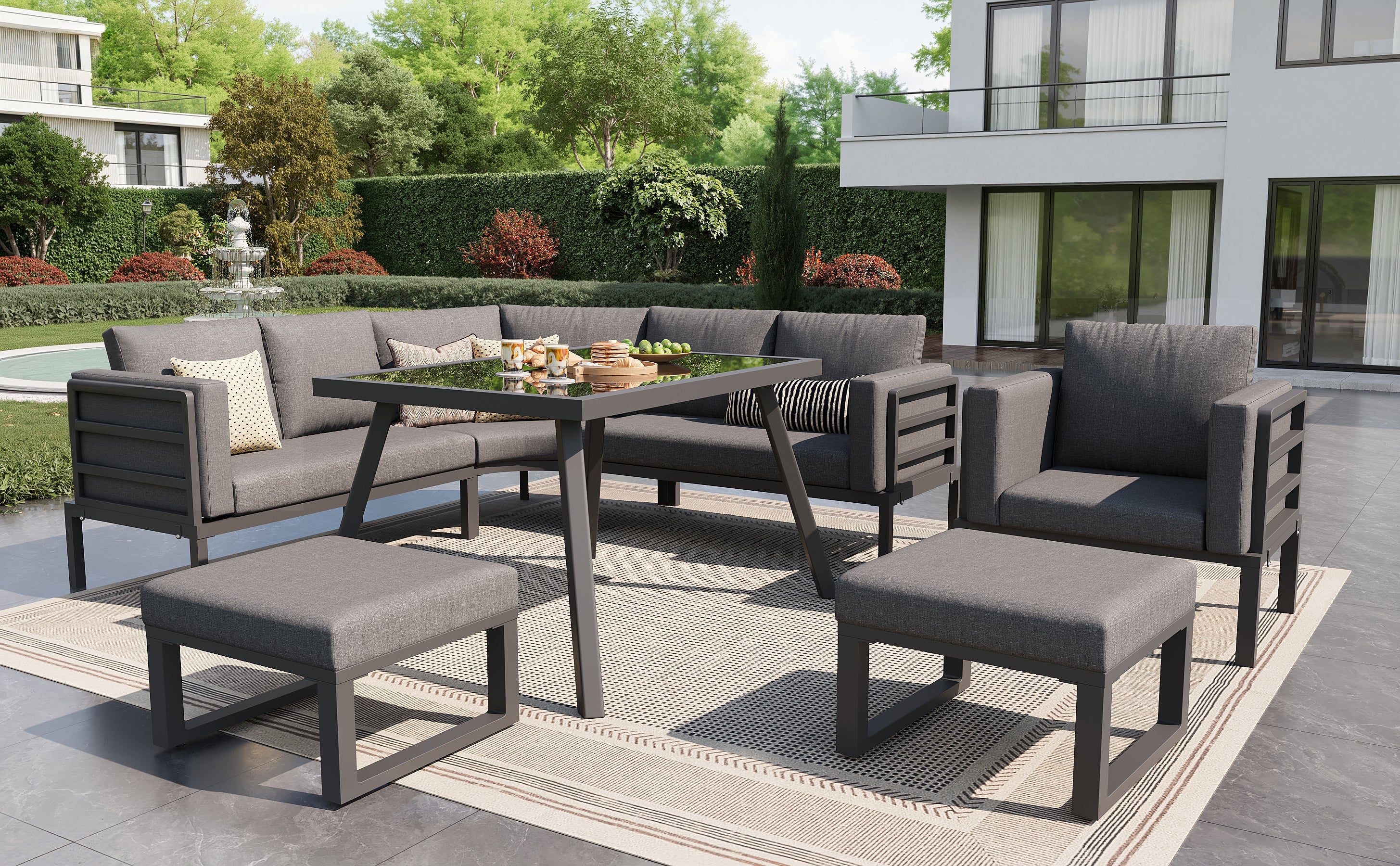 Garden Sofa Set Crescent 8-Person with Glass Table Weatherproof - Grey Cushions